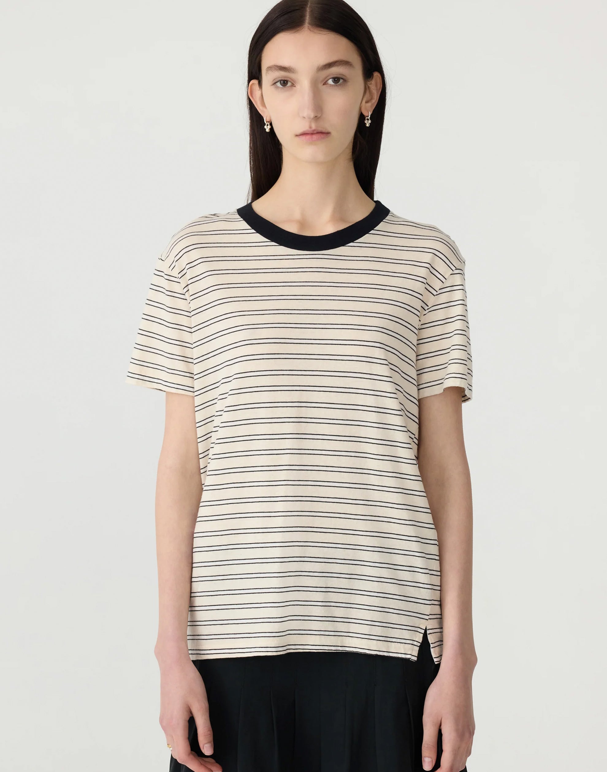 Black & Ecru Stripe Cotton Regular T-Shirt
