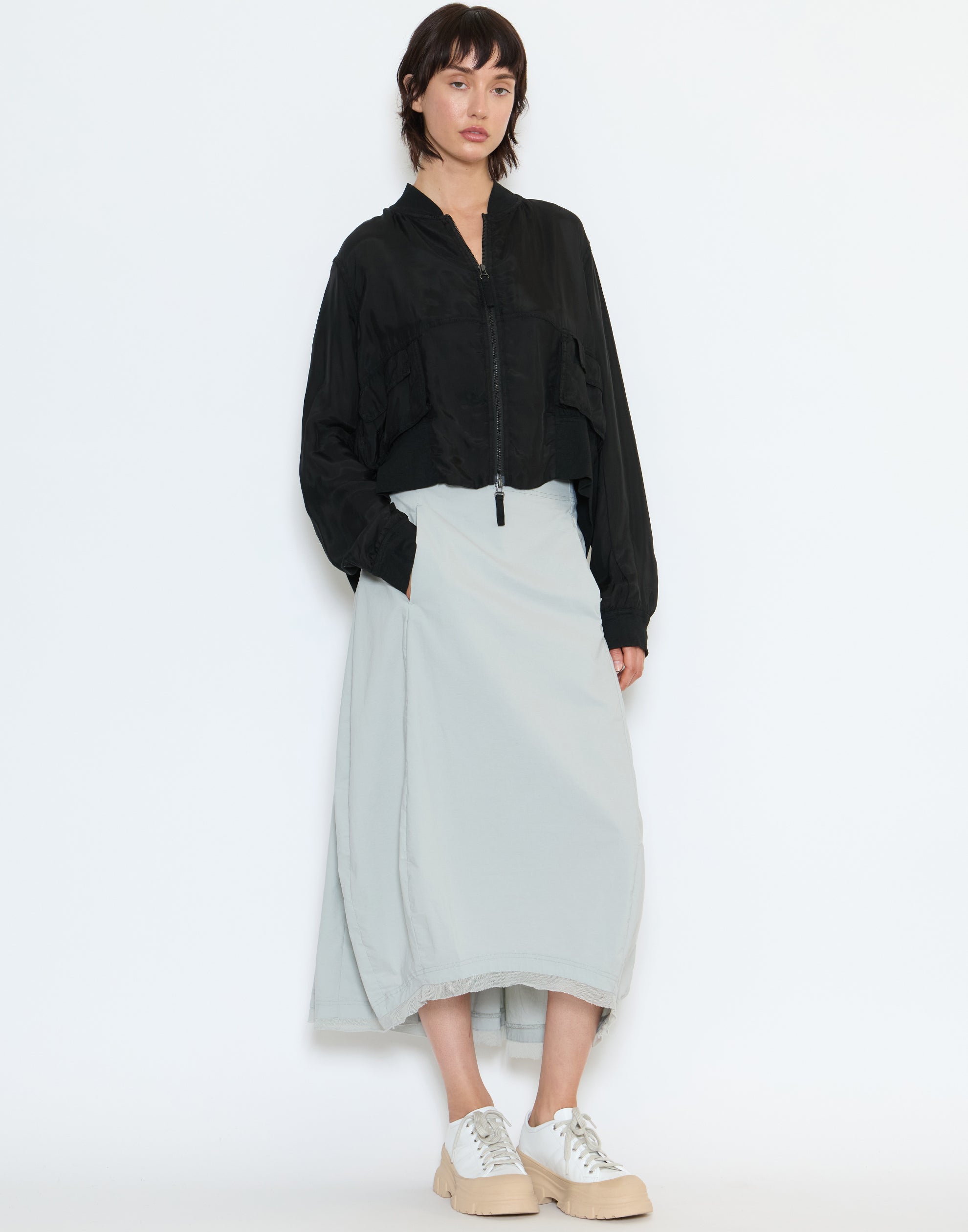 Grey Cotton Blend Stretch Midi Skirt