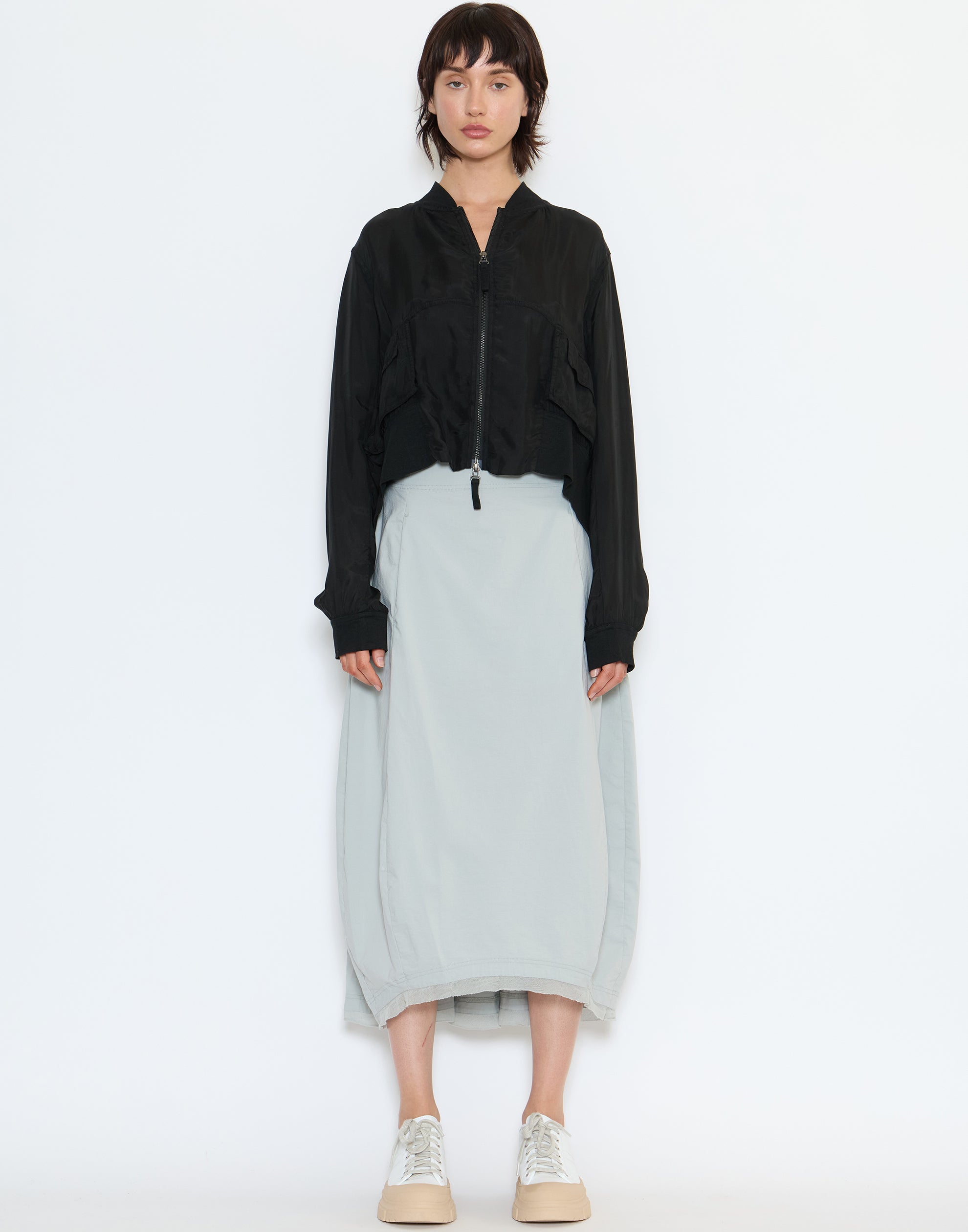 Grey Cotton Blend Stretch Midi Skirt