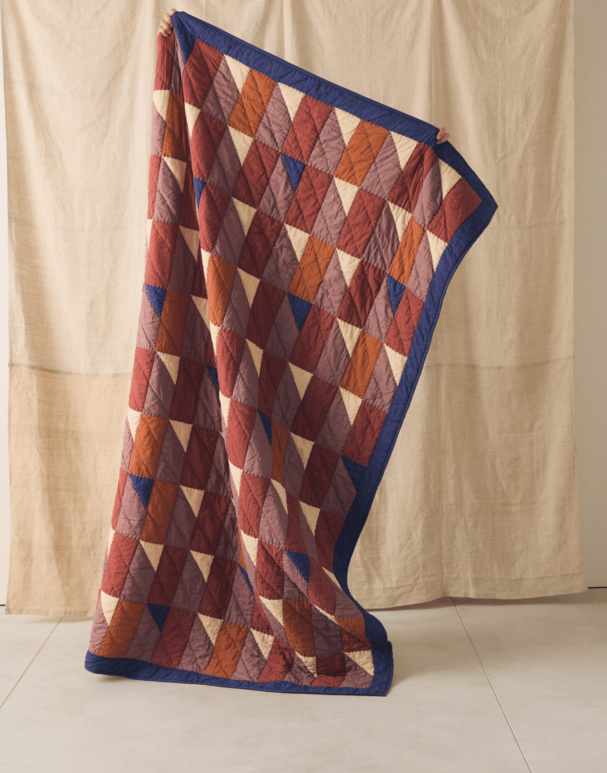 Terracotta & Navy Cotton Patchwork Quilt