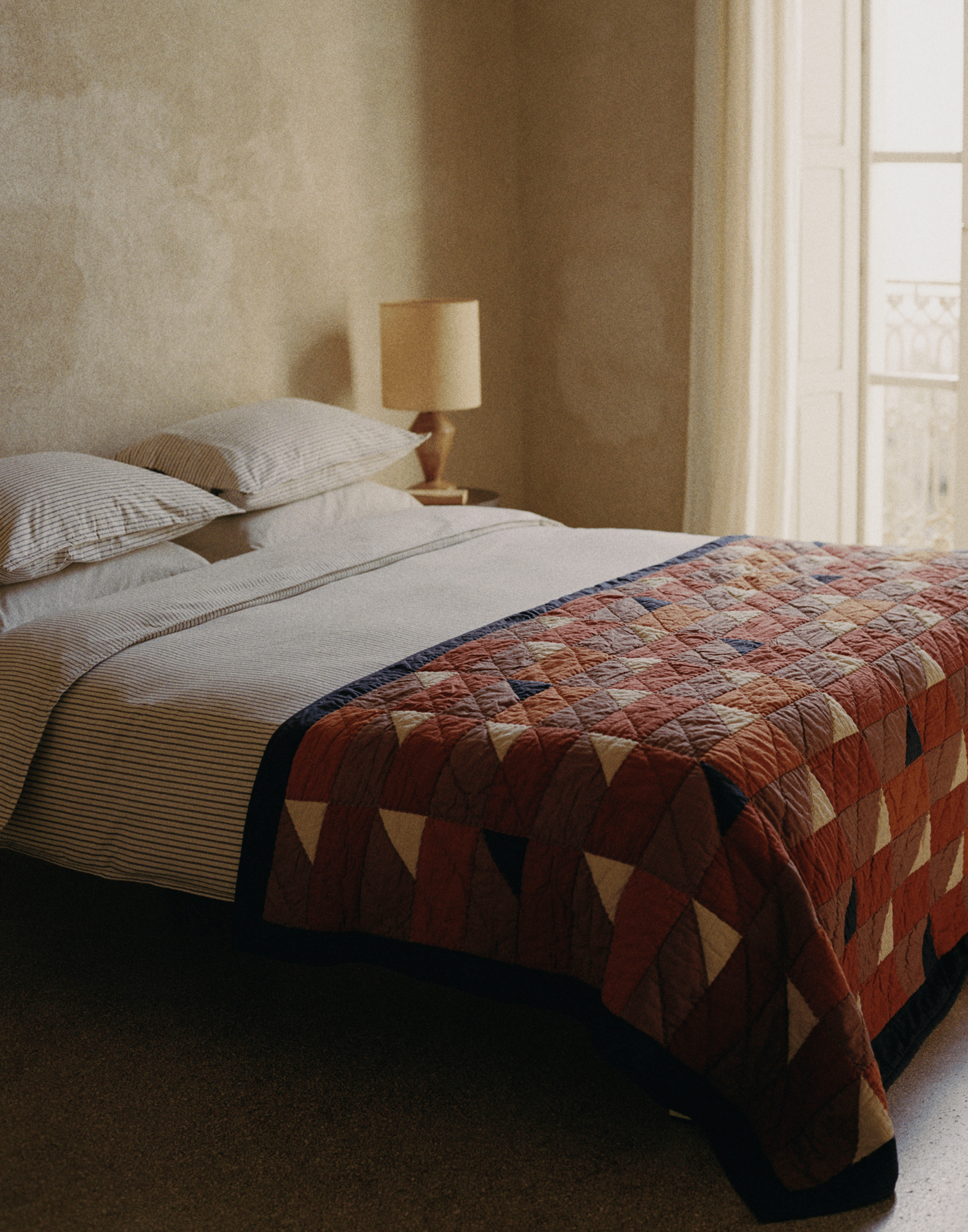 Terracotta & Navy Cotton Patchwork Quilt