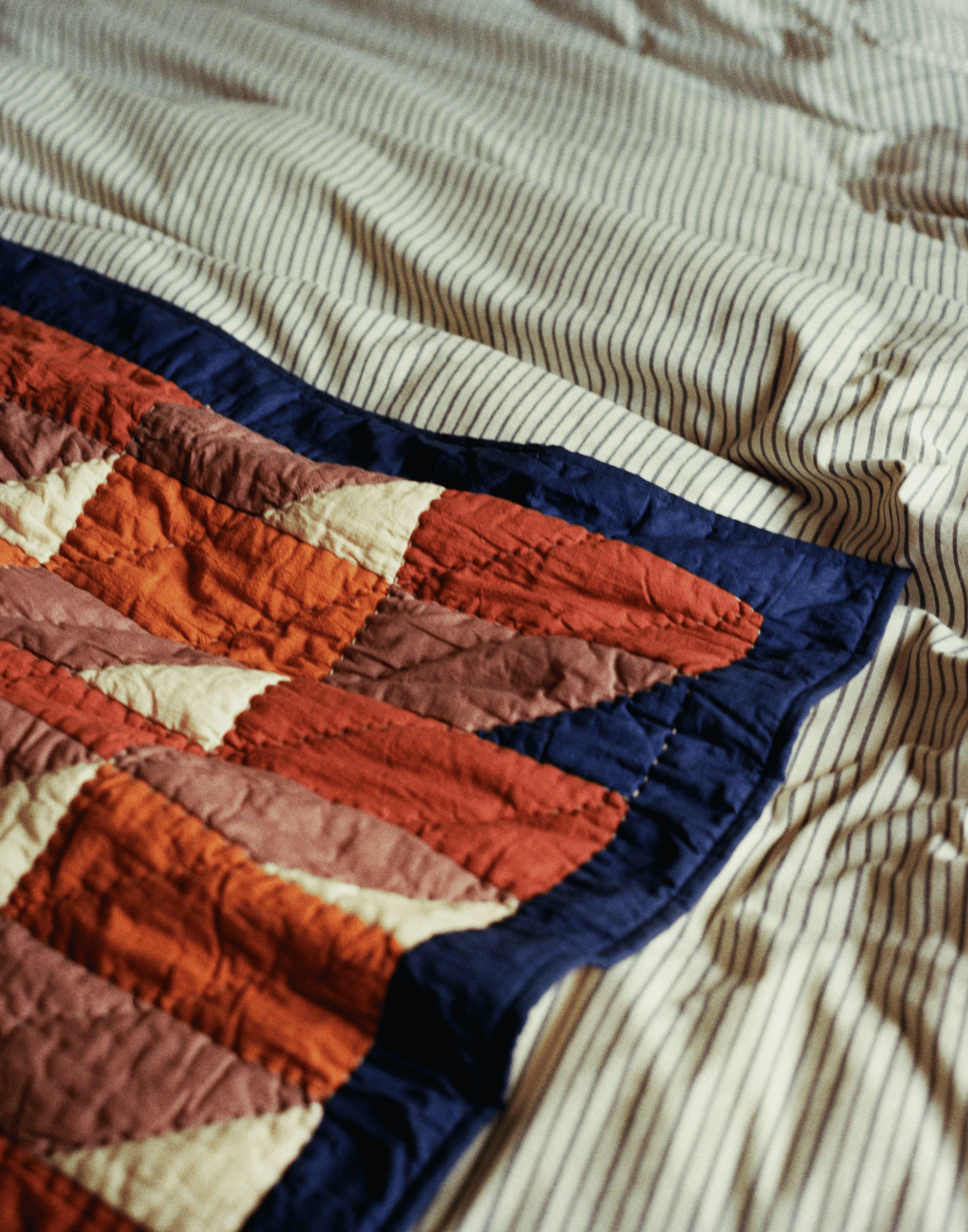 Terracotta & Navy Cotton Patchwork Quilt