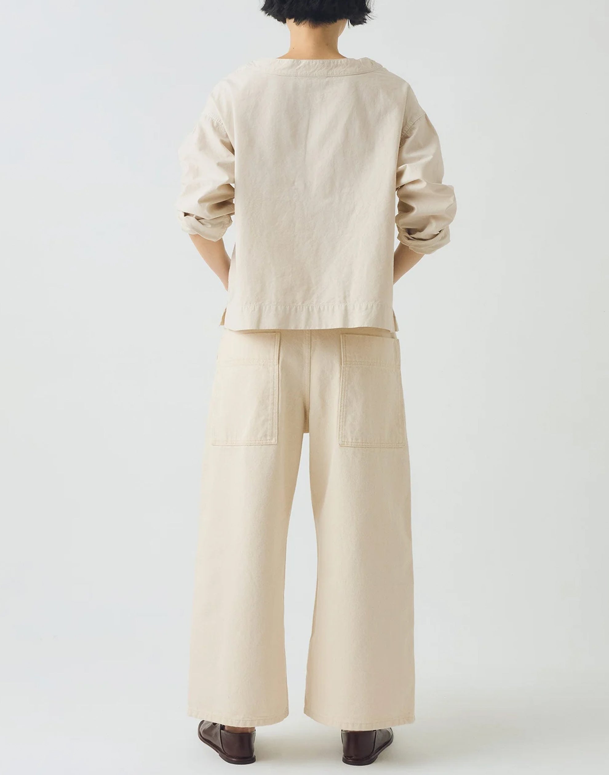 Ecru Cotton Denim Wide Leg Trousers