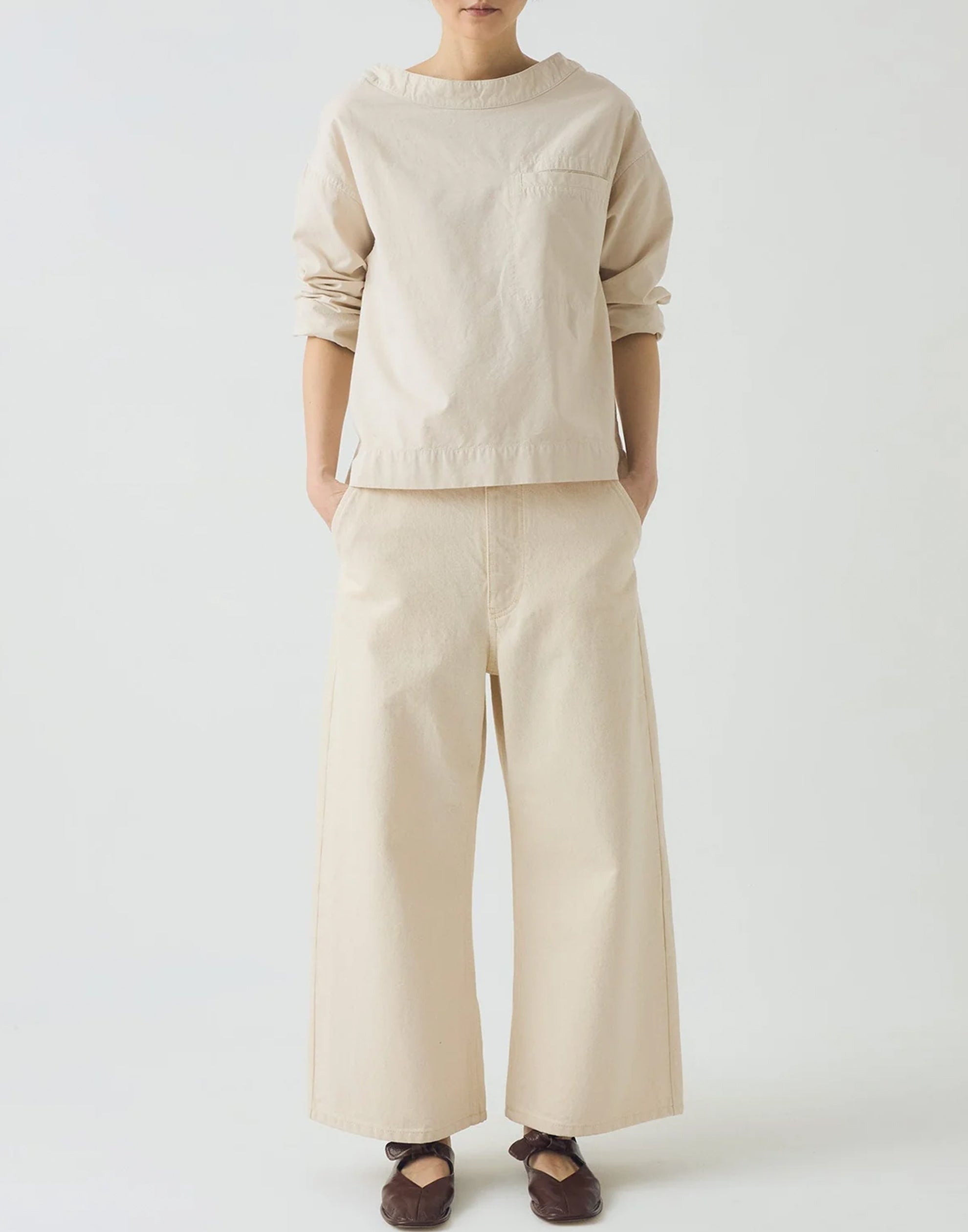 Ecru Cotton Denim Wide Leg Trousers