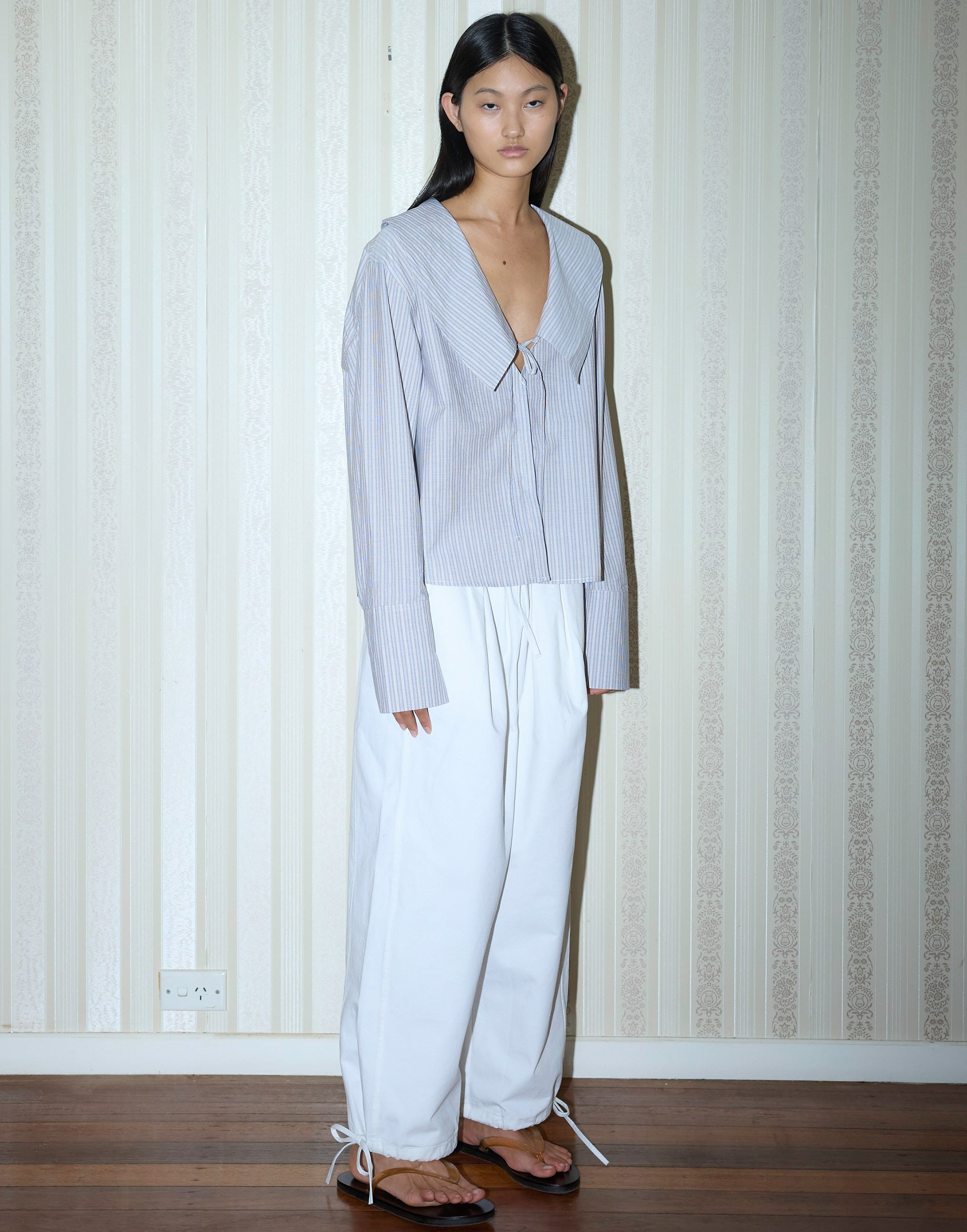 Seas Stripe Cotton Collared Tie Shirt