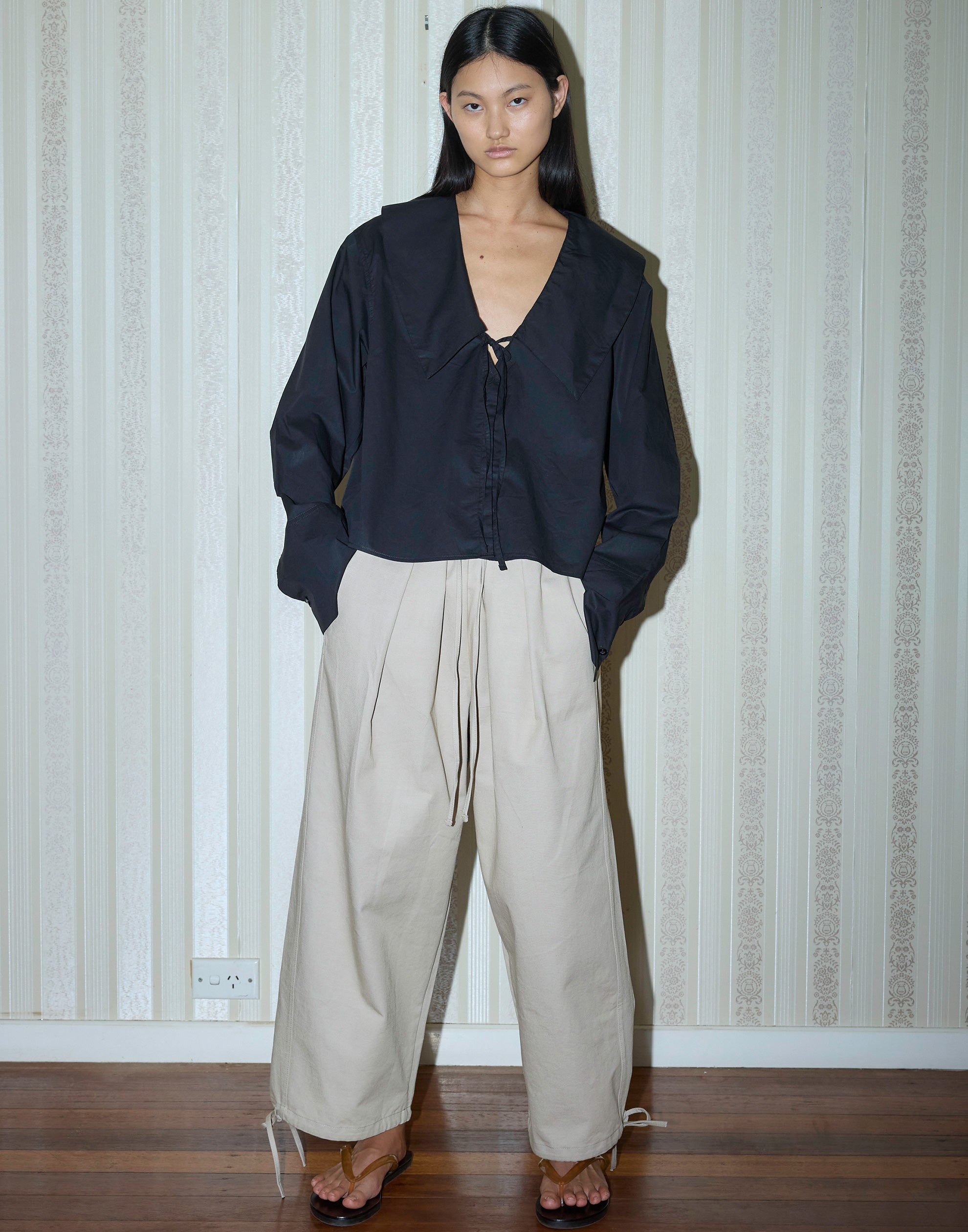 Black Cotton Collared Tie Shirt