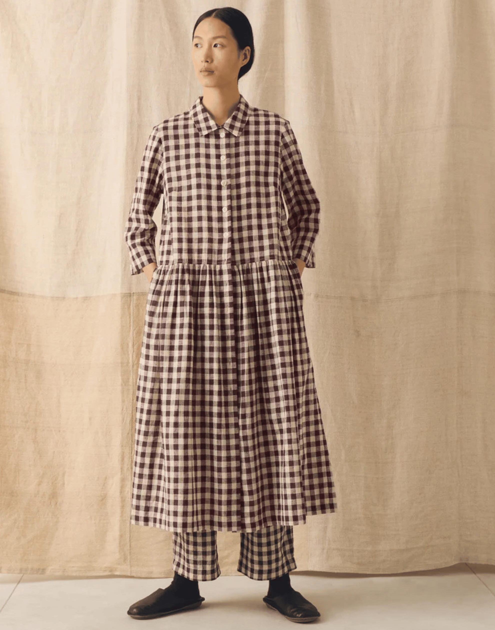 Chocolate & Ecru Check Linen Blend Shirt Dress