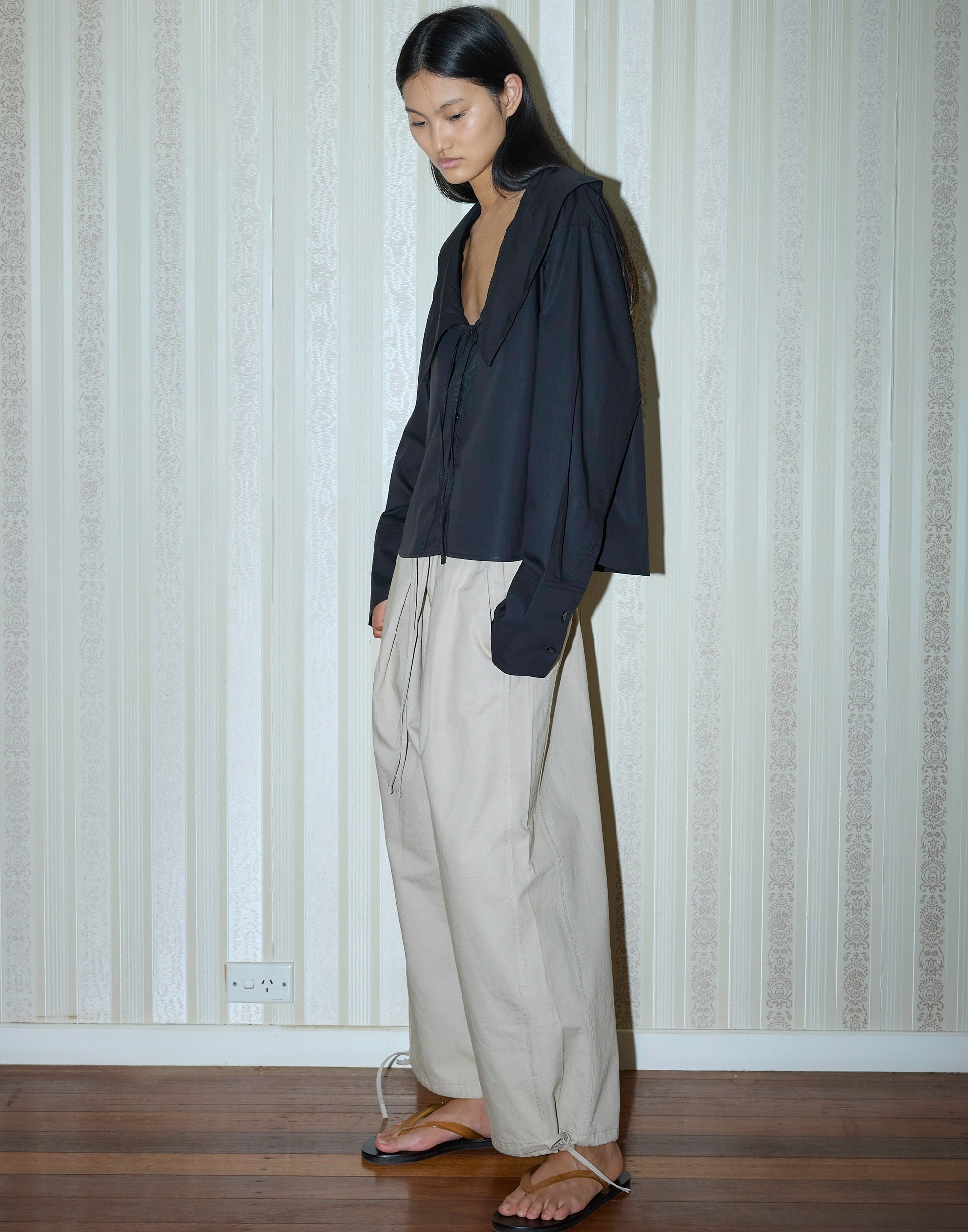 Black Cotton Collared Tie Shirt