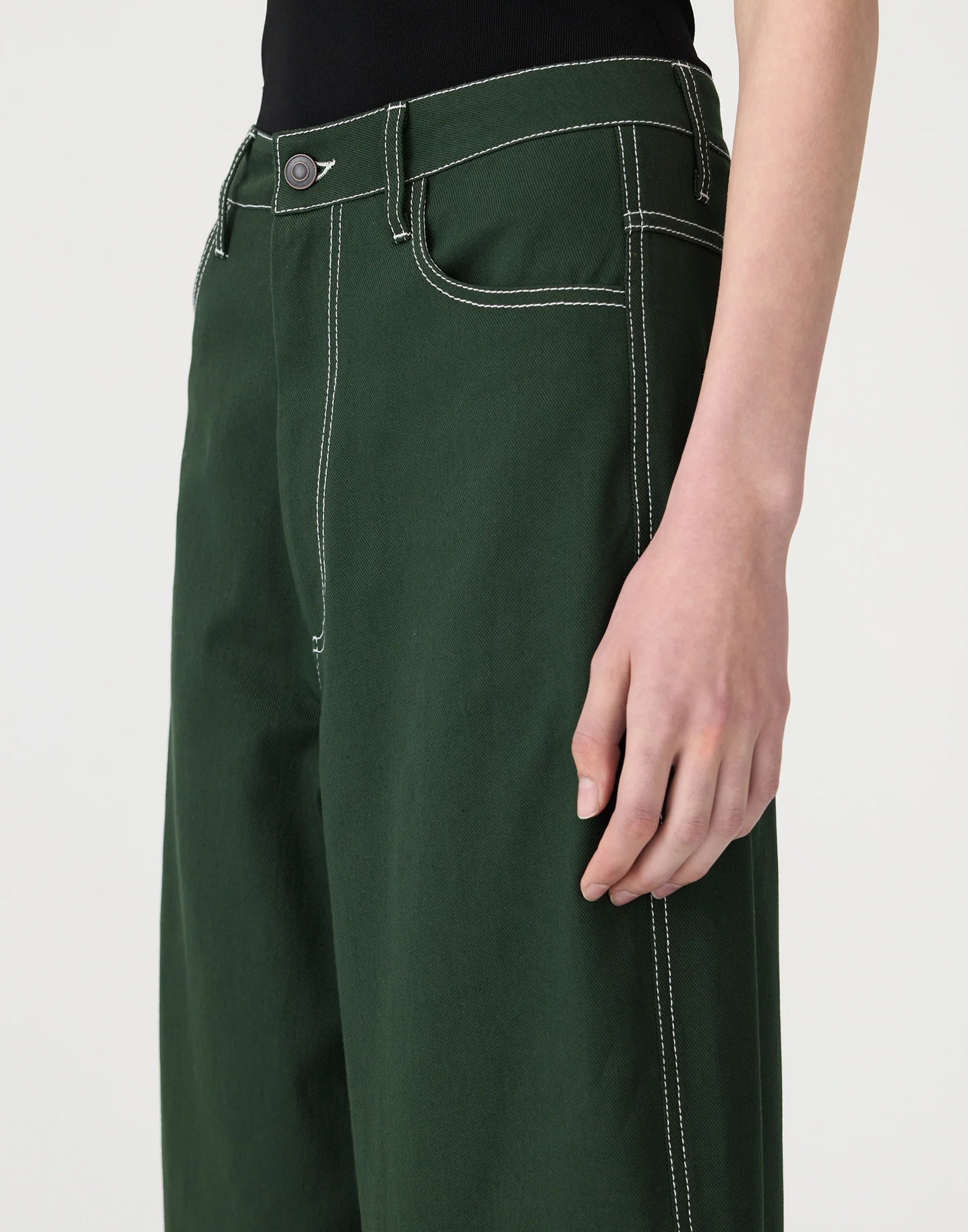 Pine Green Cotton Twill Barrel Leg Pants