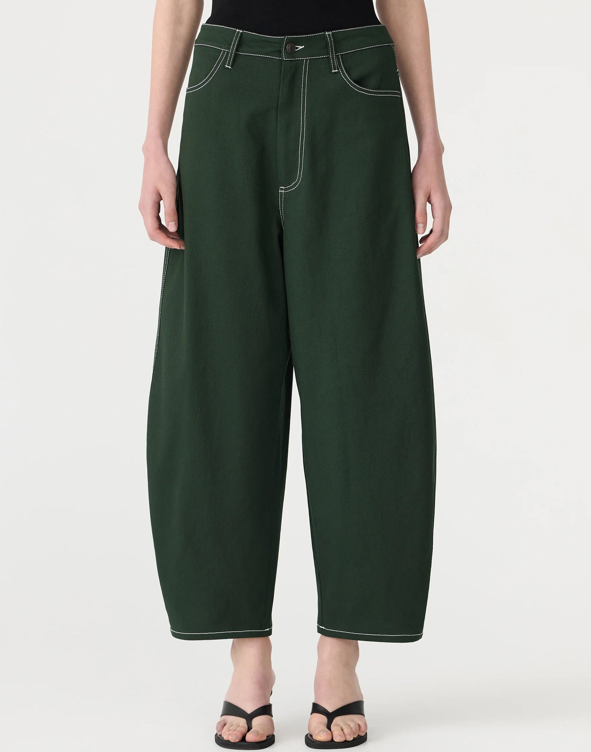 Pine Green Cotton Twill Barrel Leg Pants