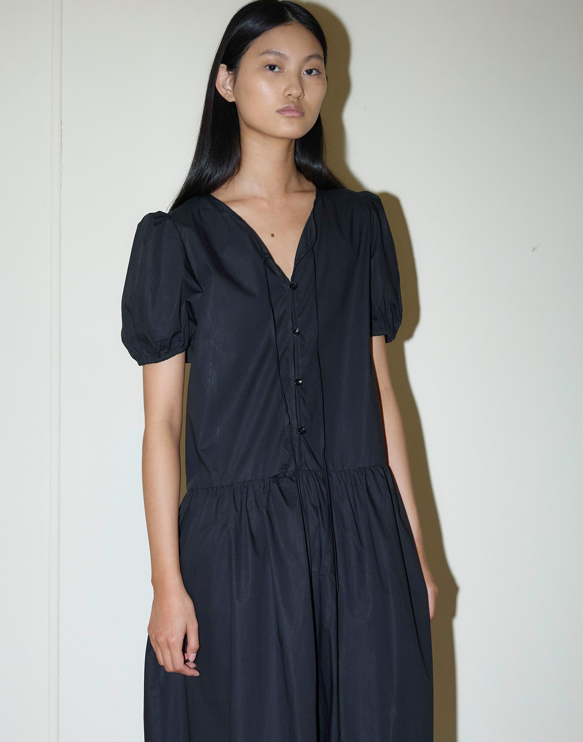 Black Cotton Draw Hem Dress