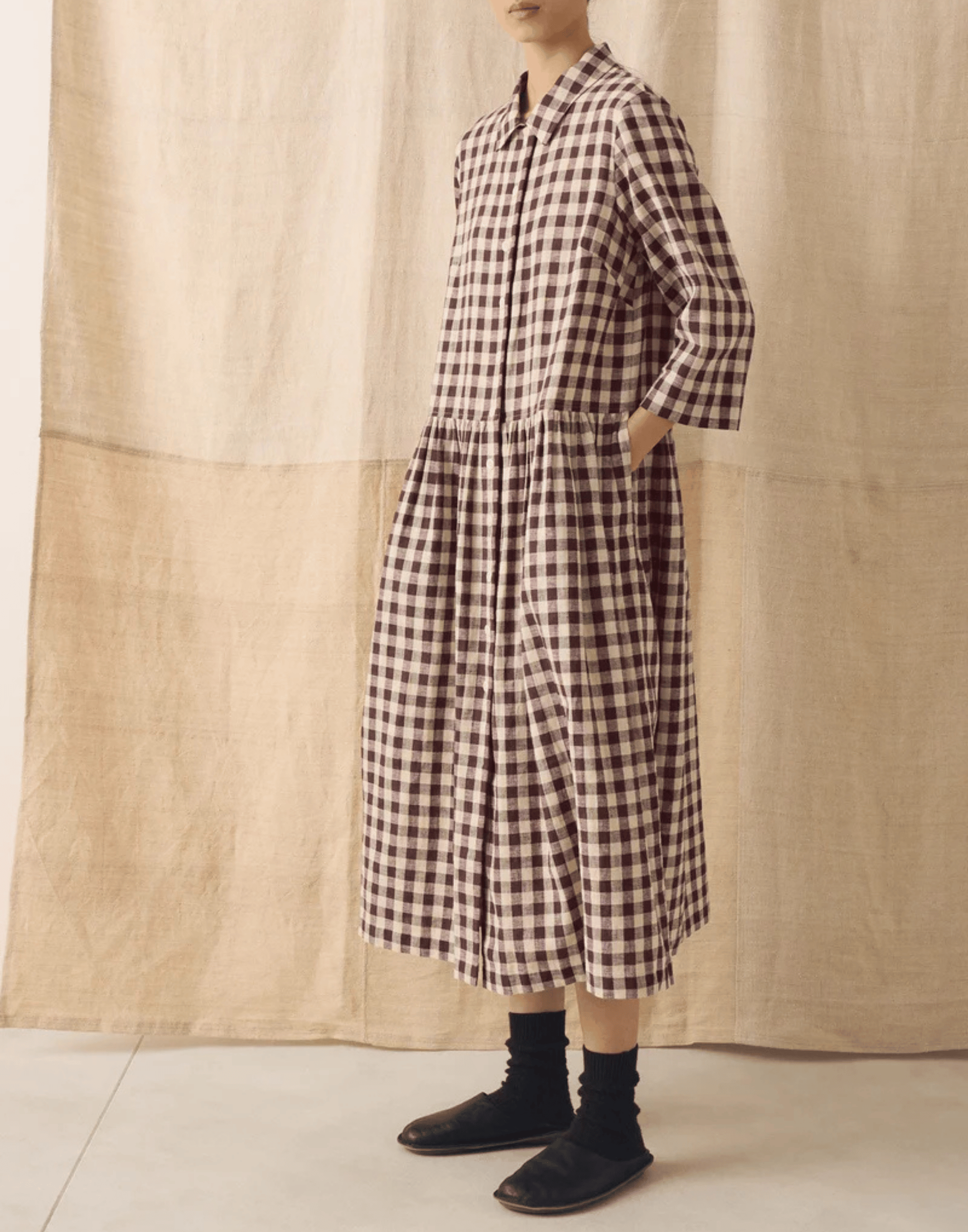 Chocolate & Ecru Check Linen Blend Shirt Dress