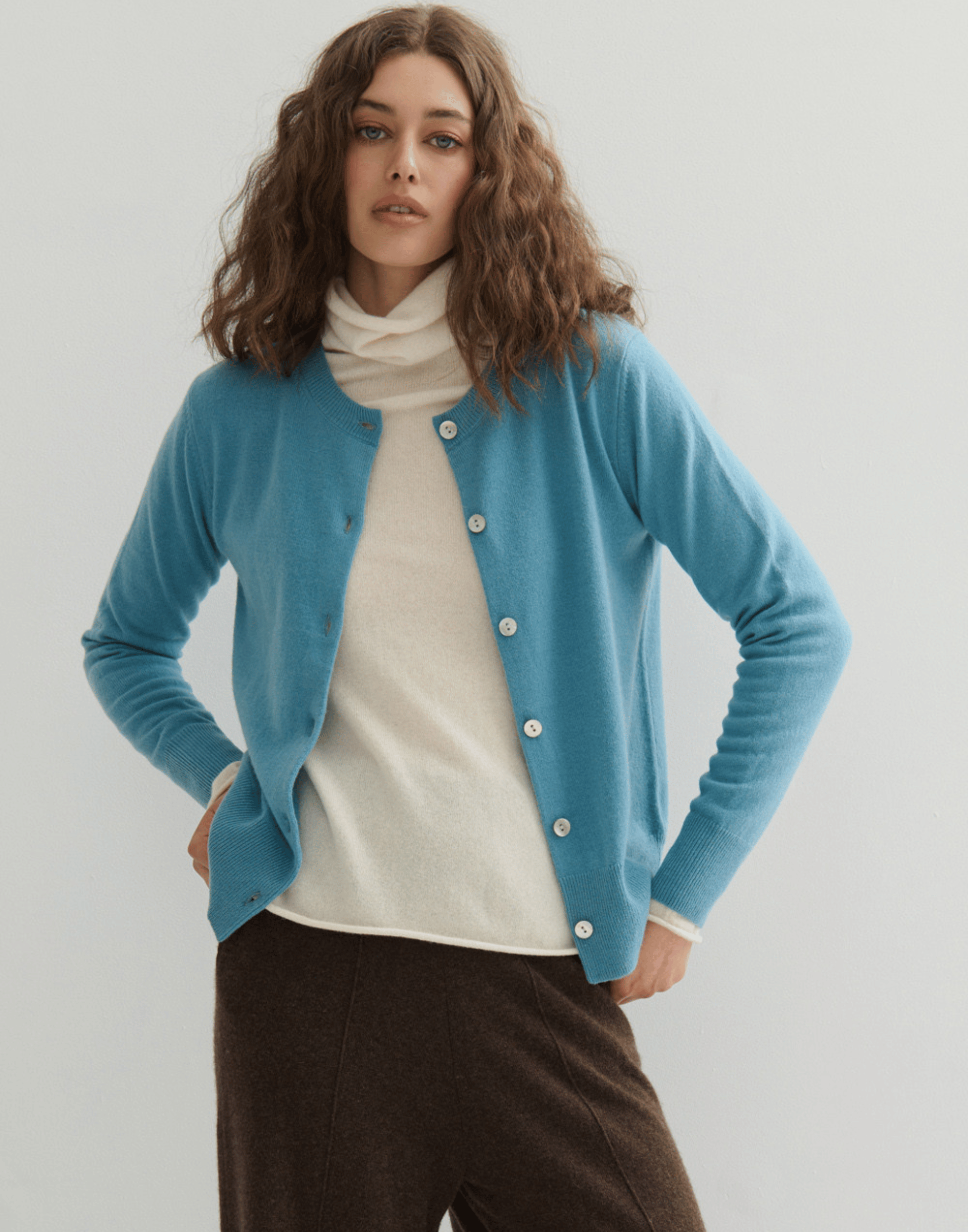 Lake Blue Cashmere Crew Neck Cardigan