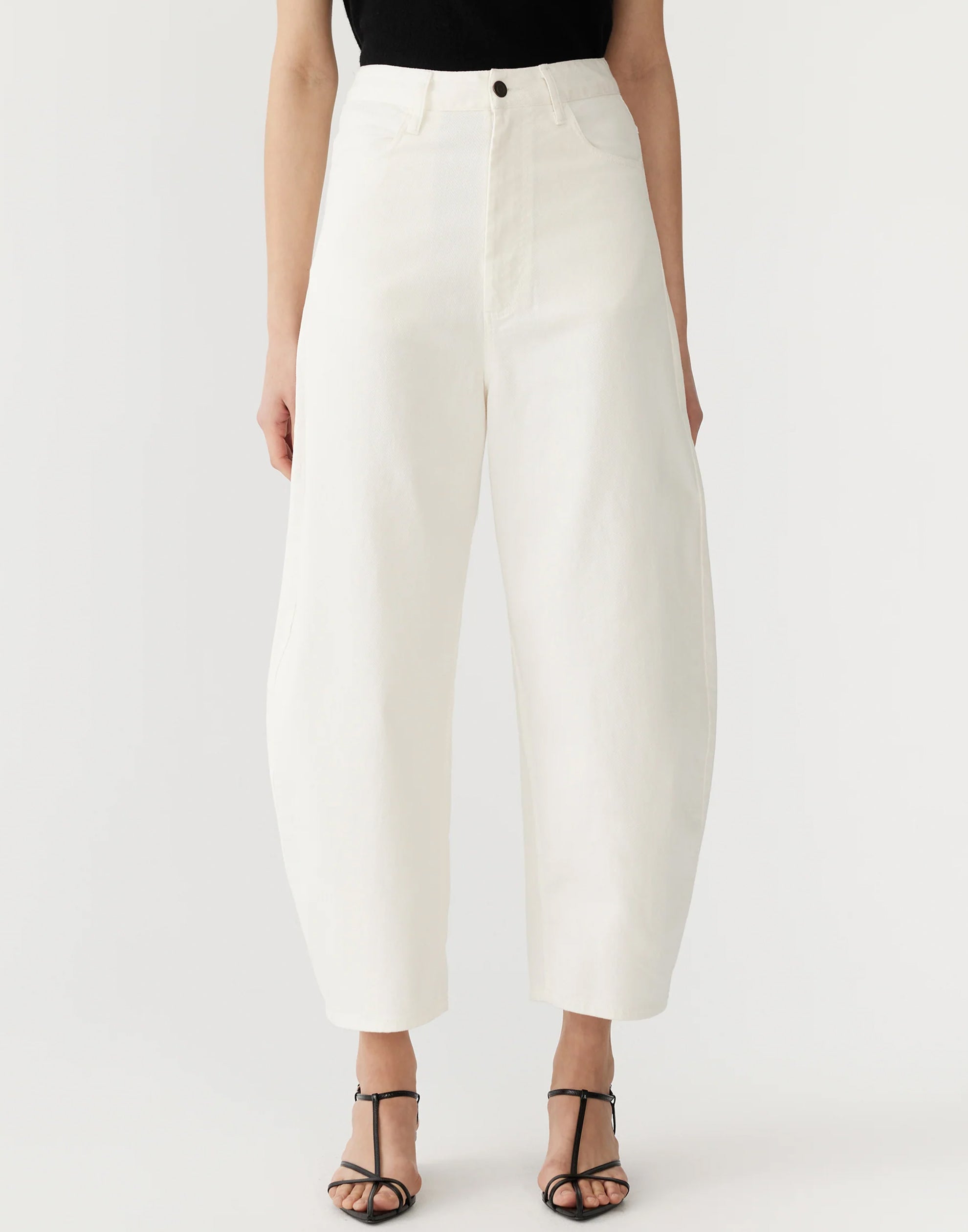 White Cotton Twill Barrel Leg Pants