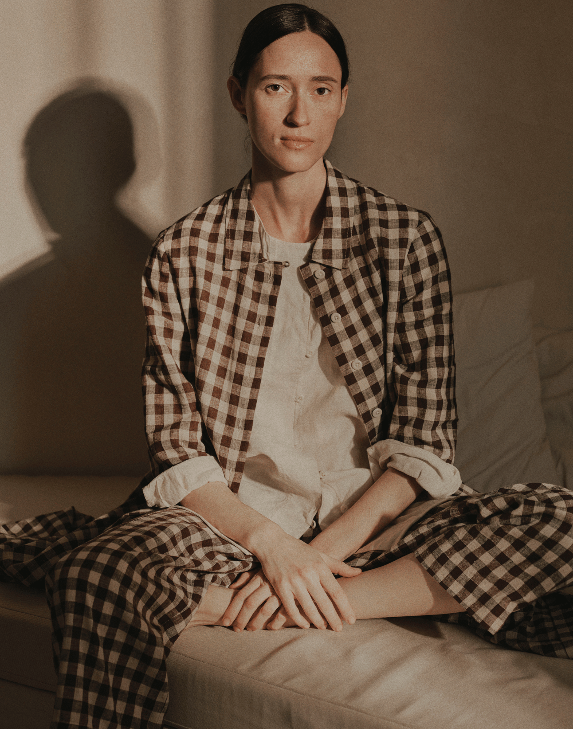 Chocolate & Ecru Check Linen Blend Shirt Dress