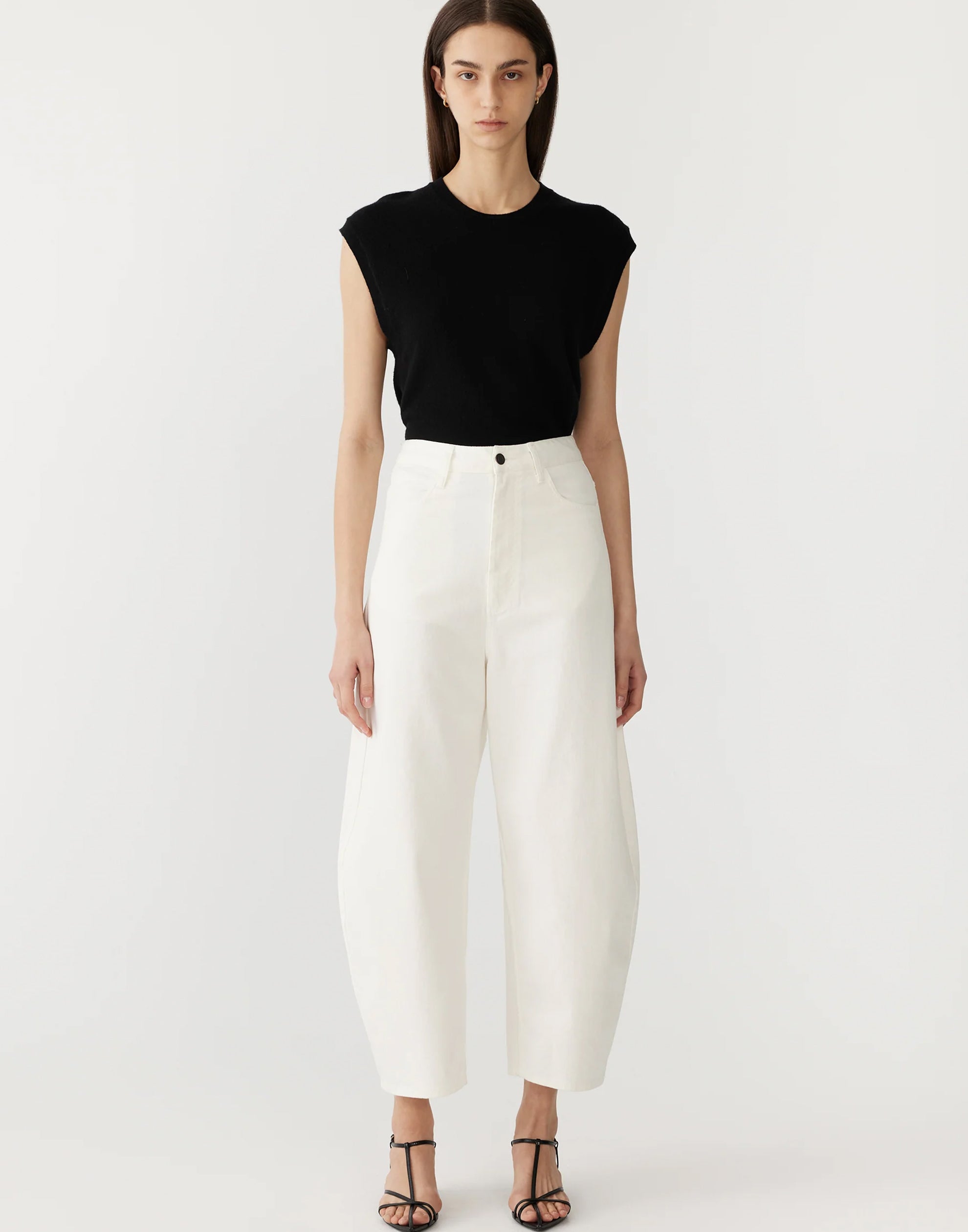 White Cotton Twill Barrel Leg Pants