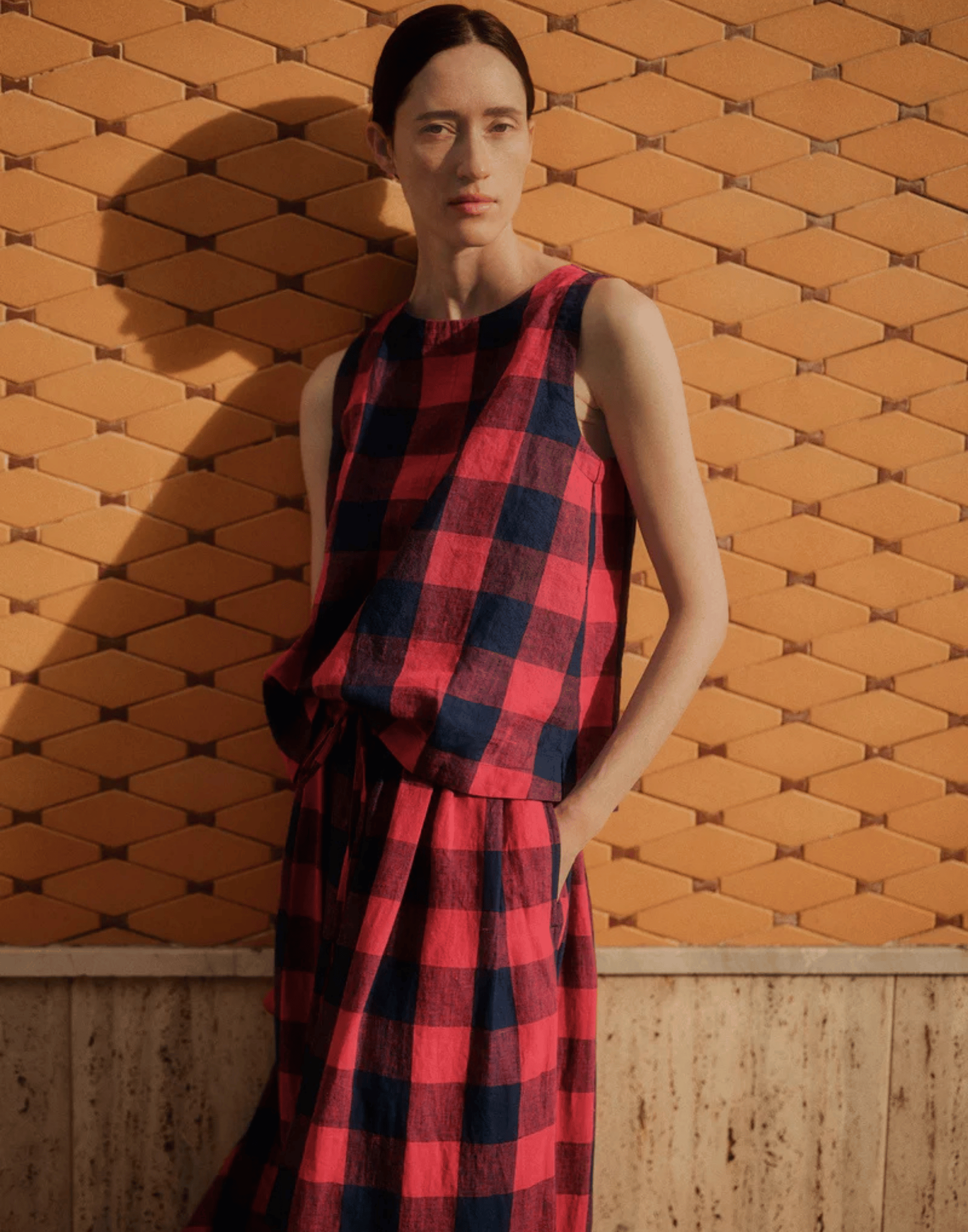 Raspberry & Blue Check Linen Top