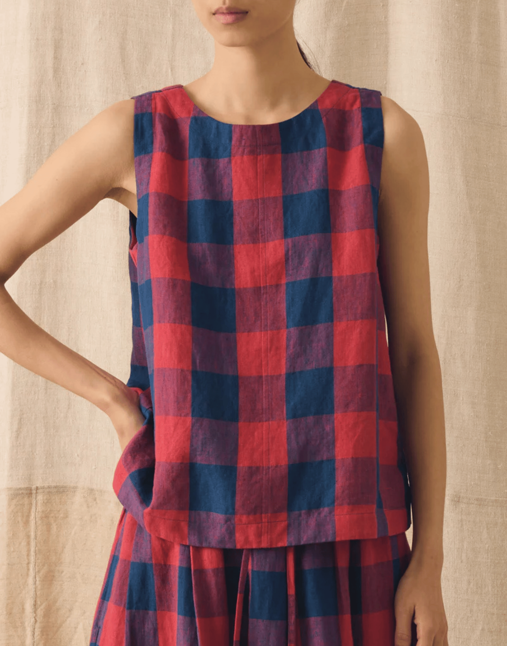 Raspberry & Blue Check Linen Top