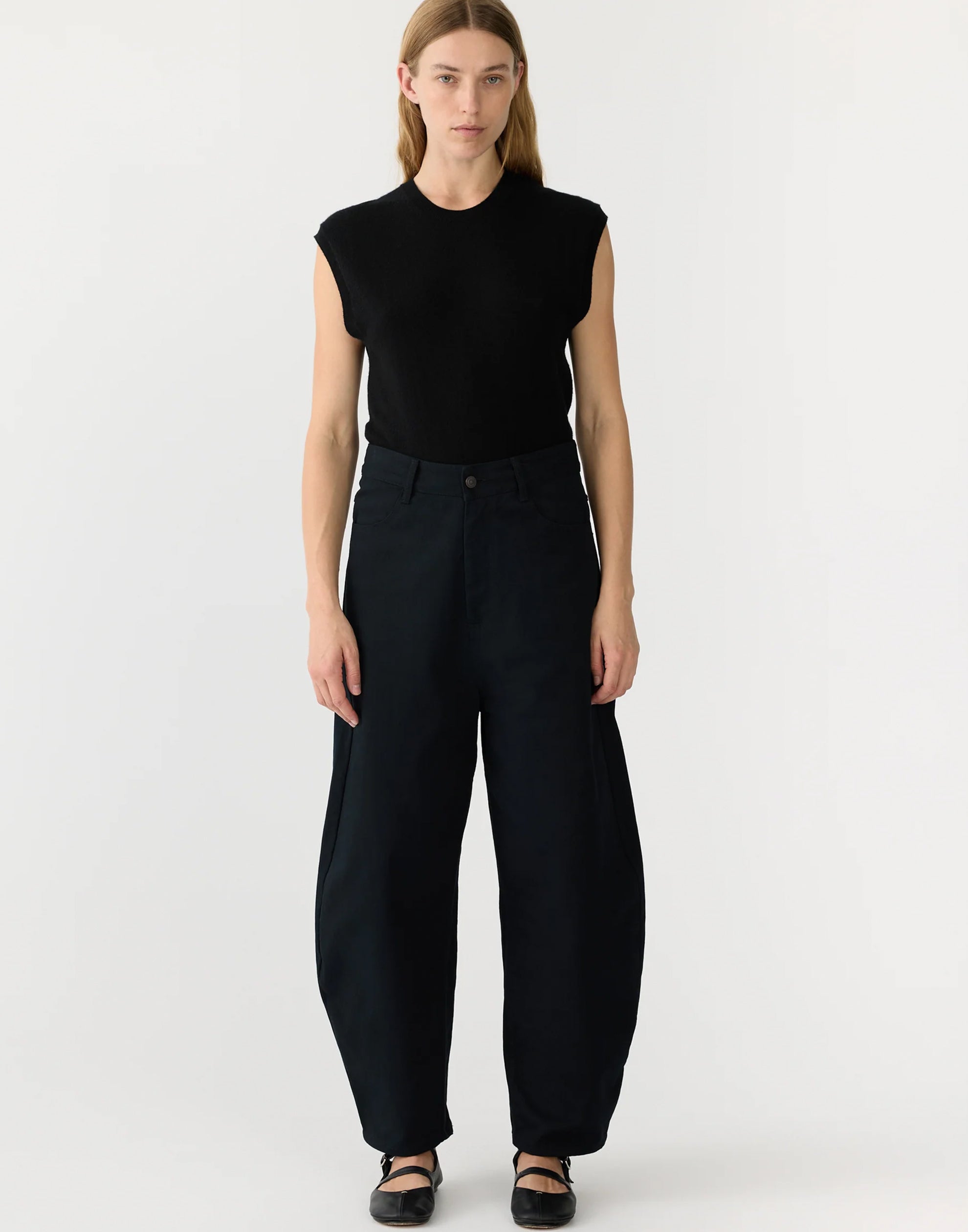 Black Cotton Twill Barrel Leg Pants