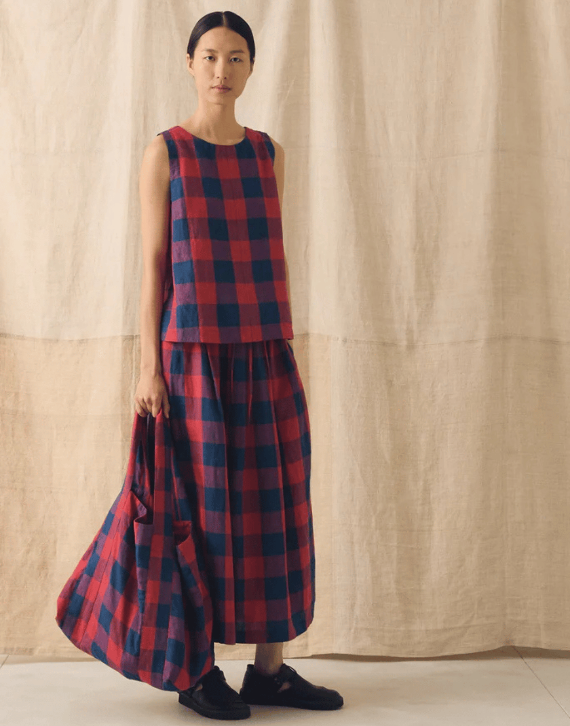 Raspberry & Blue Check Linen Top