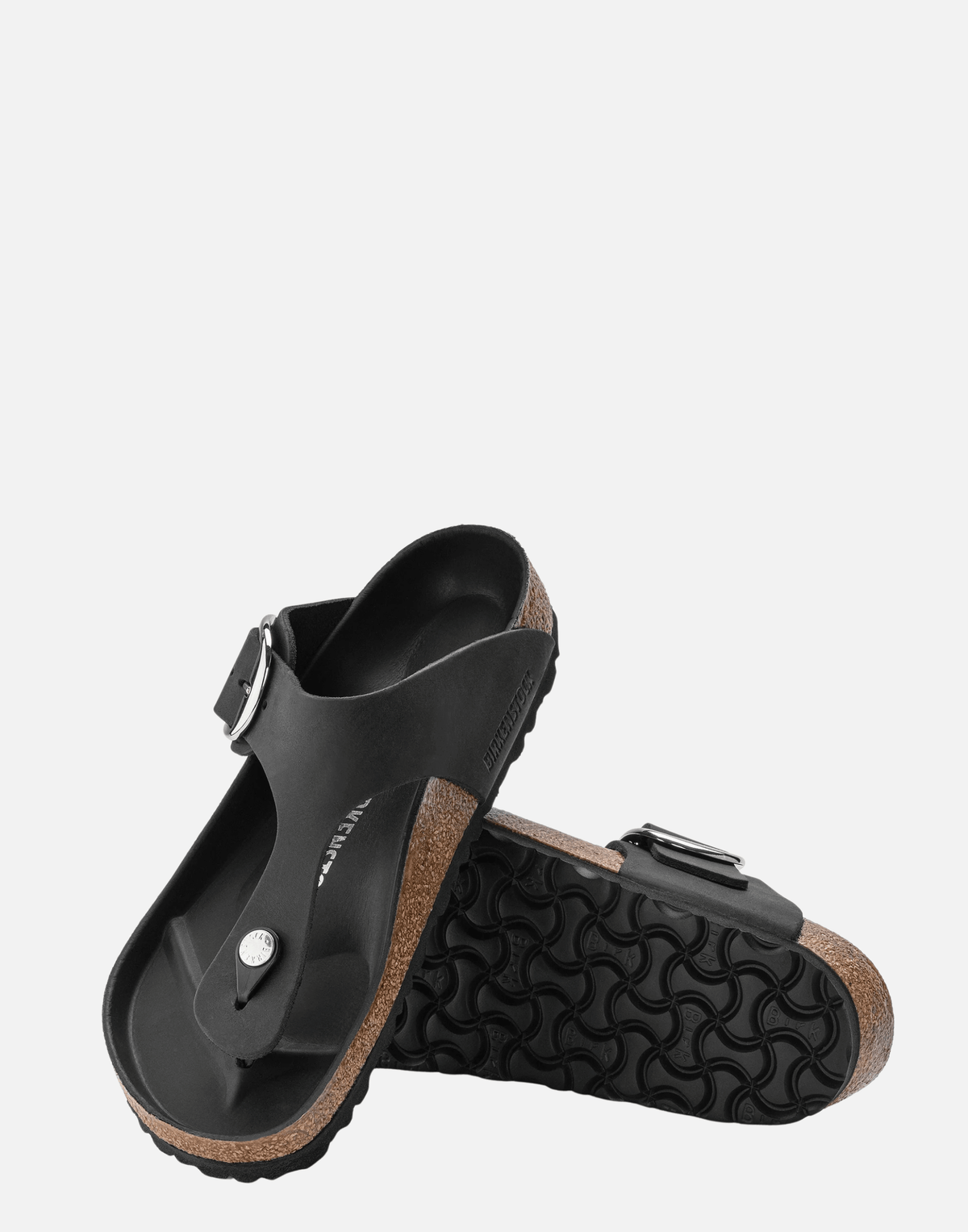 Regular Black Oiled Leather Big Buckle Gizeh Sandals