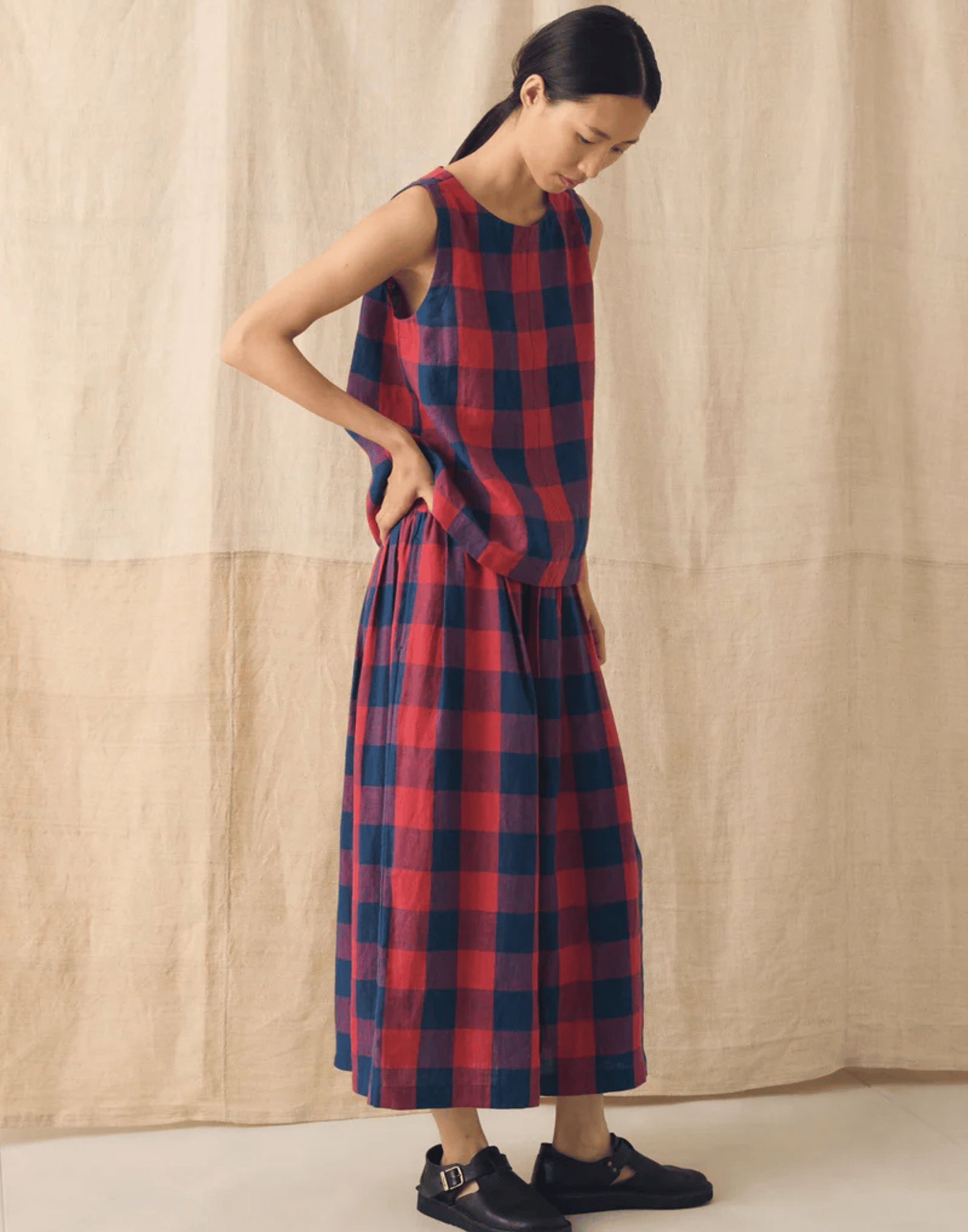 Raspberry & Blue Check Linen Top