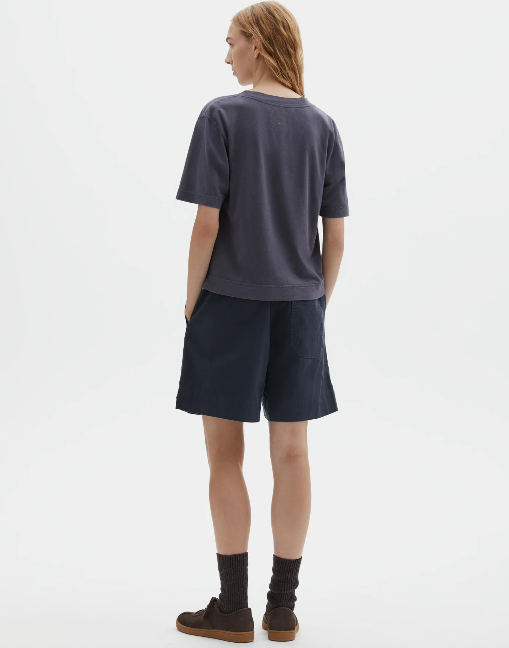Slate Blue Cotton & Linen Simple T-Shirt