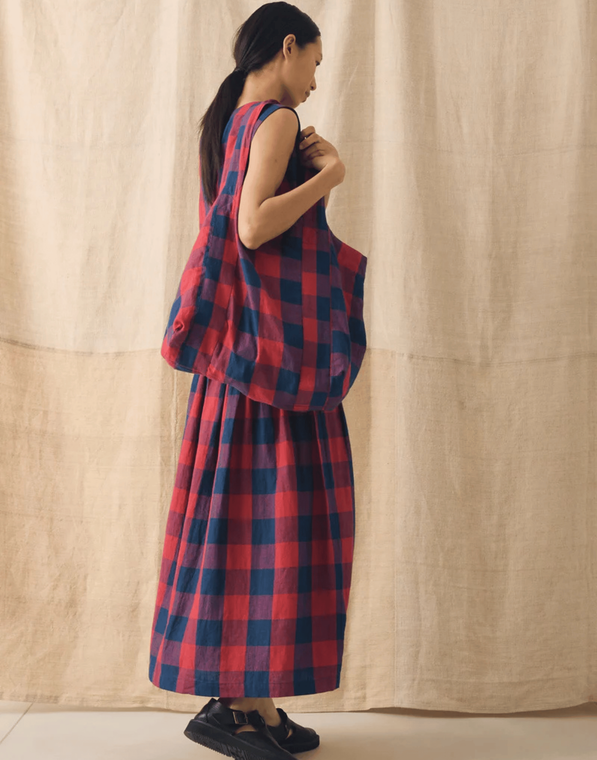 Raspberry & Blue Check Linen Skirt