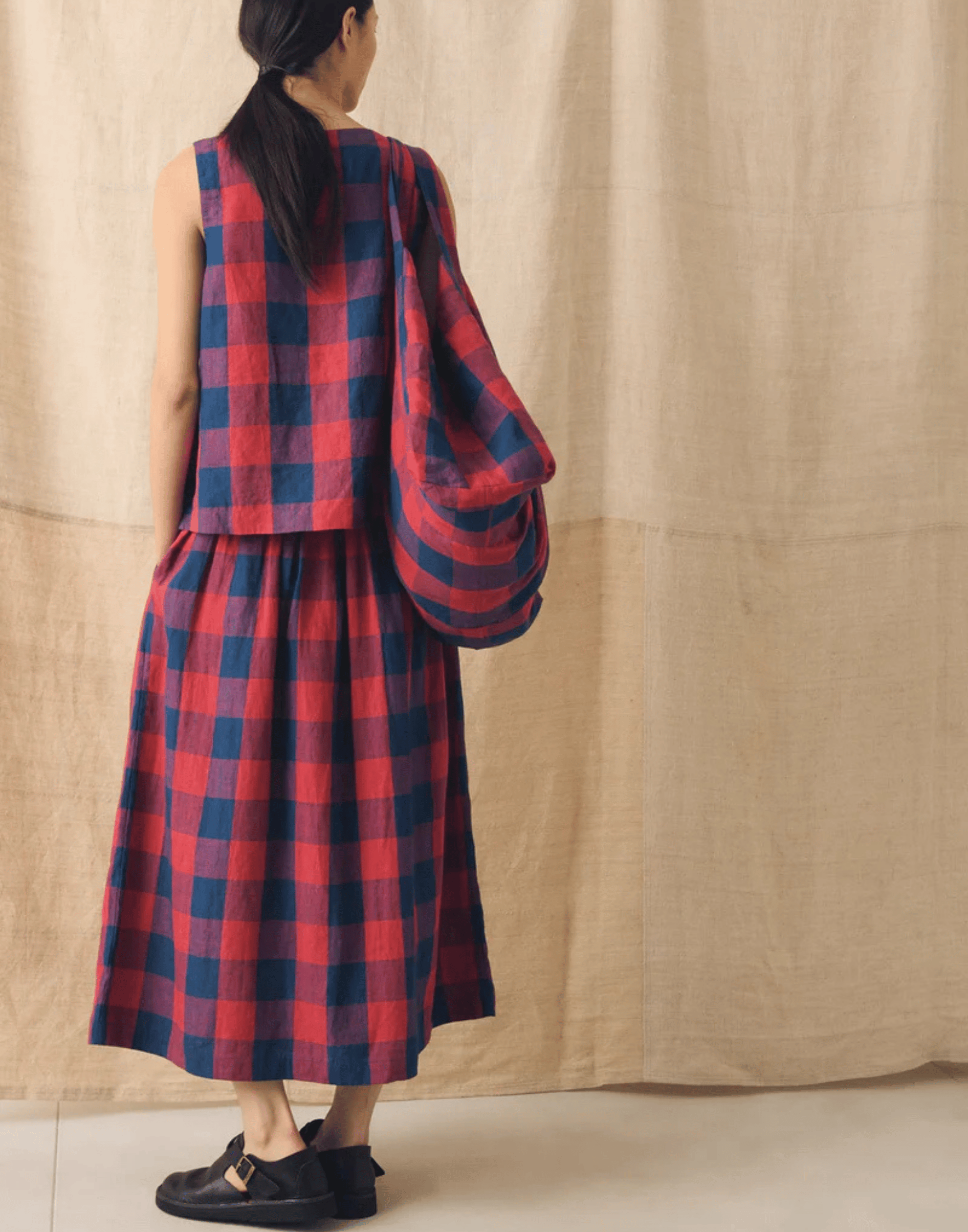 Raspberry & Blue Check Linen Skirt