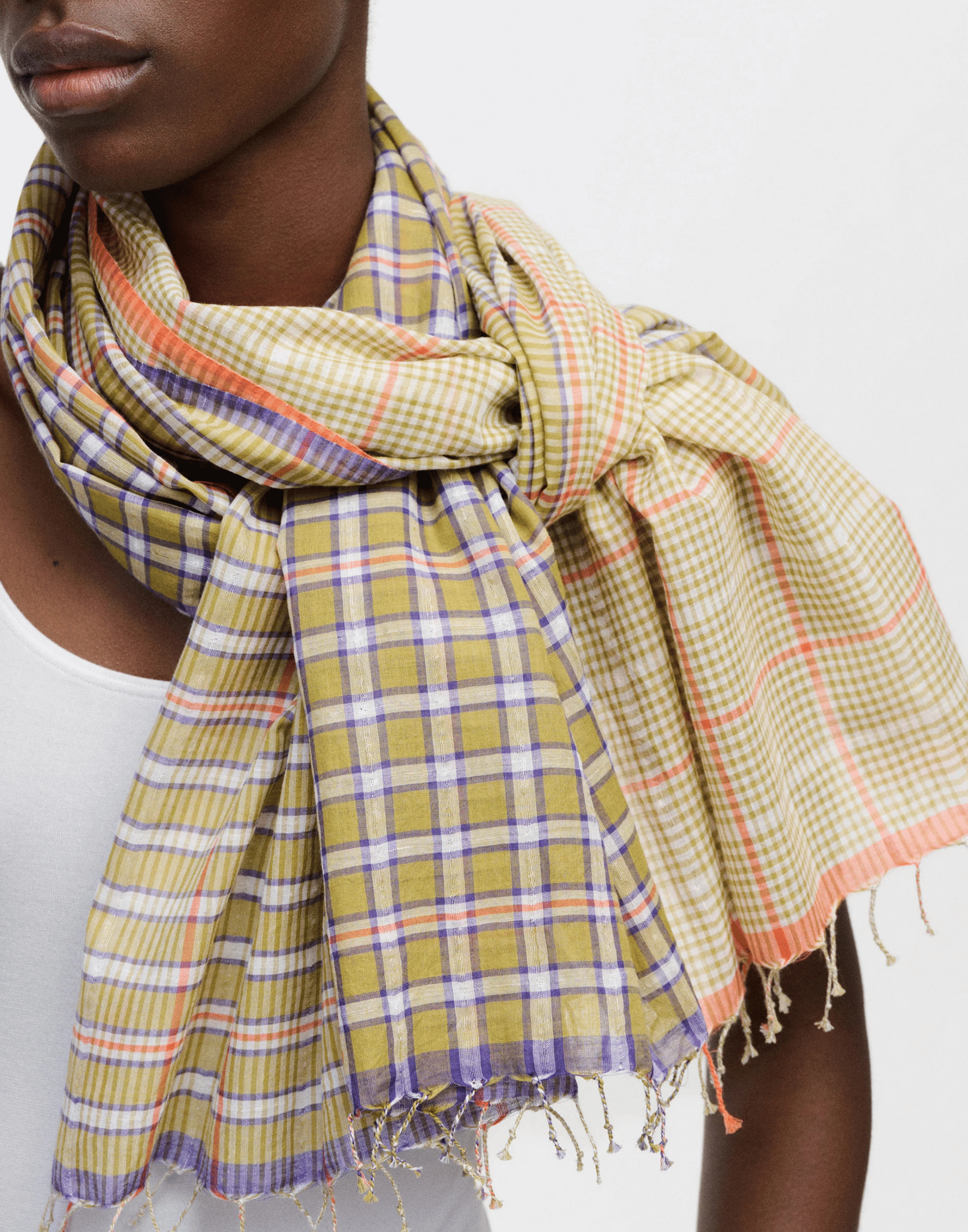 Olive Check Cotton & Linen Scarf