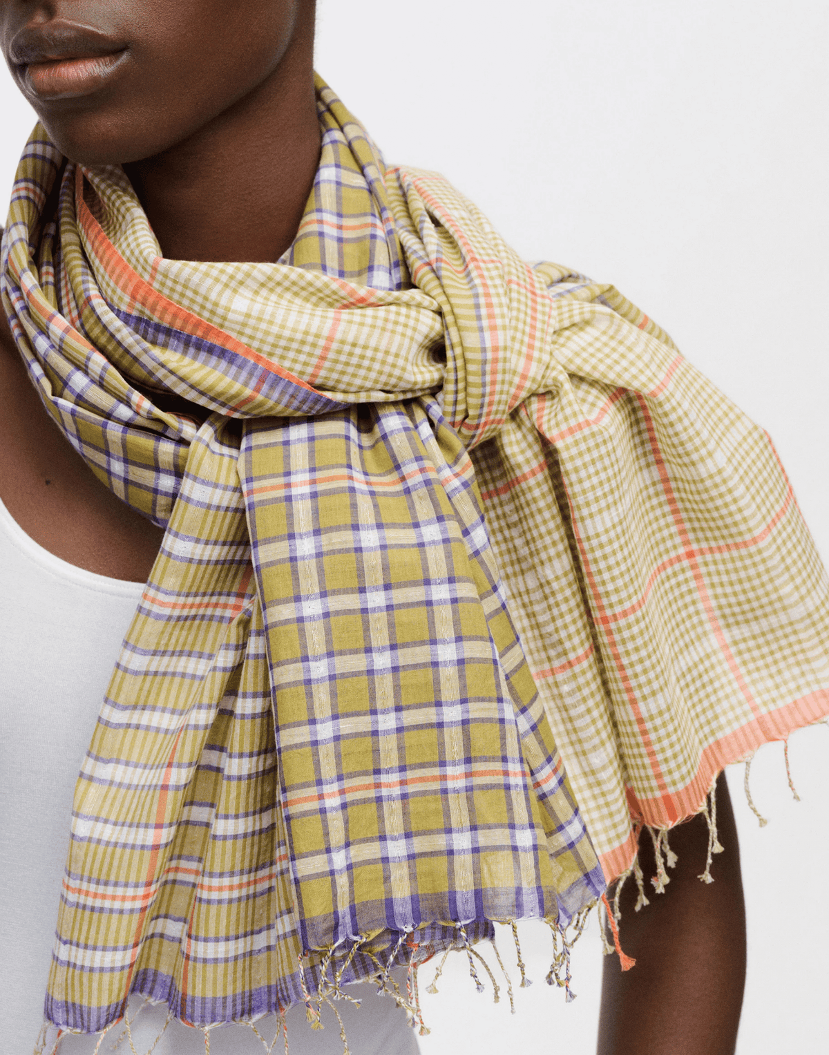 Olive Check Cotton & Linen Scarf