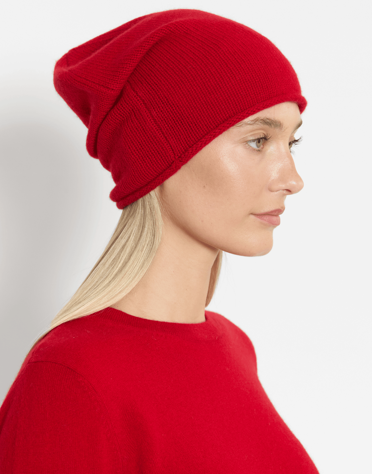 Scarlet Red Cashmere Rolled Edge Beanie