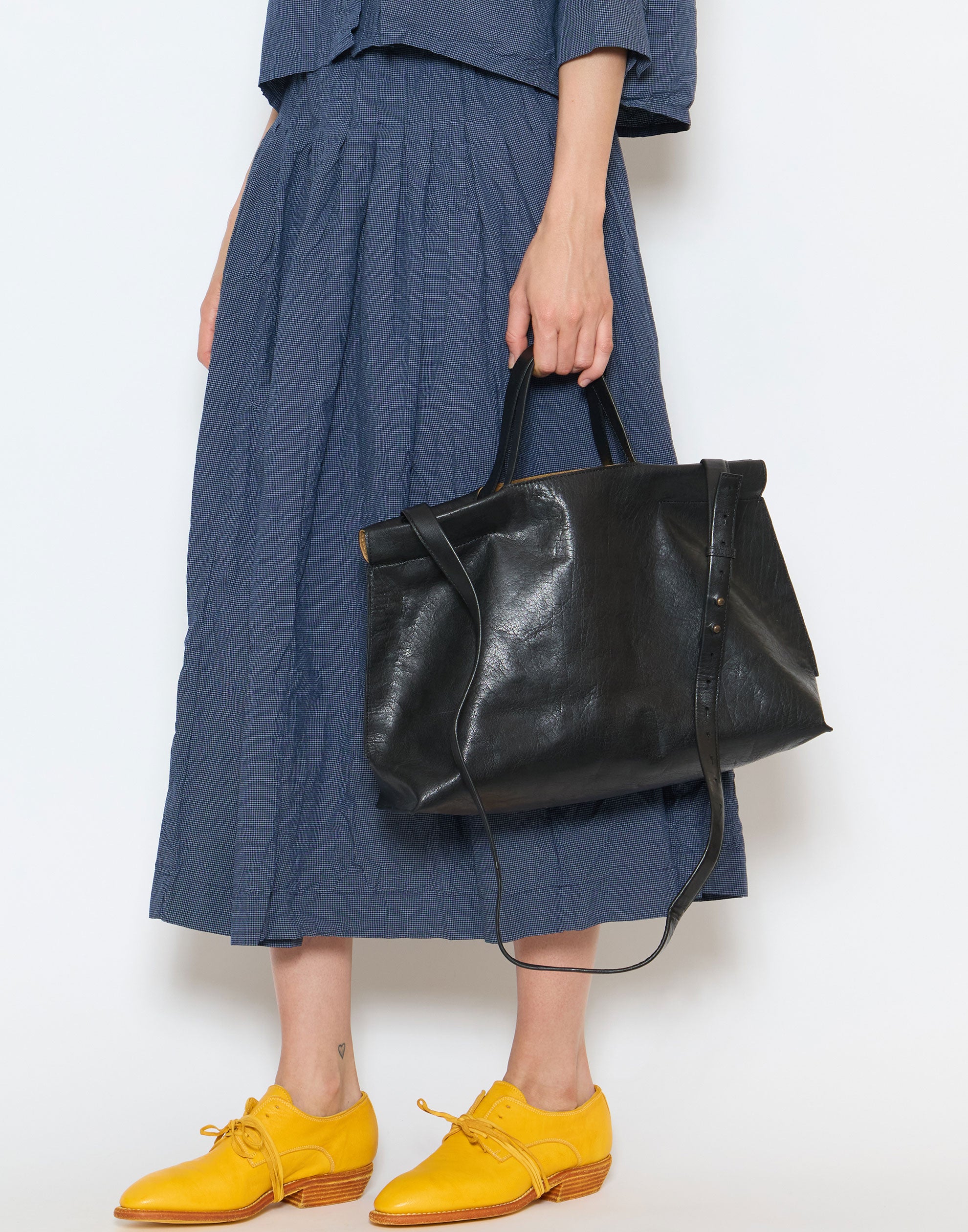 Black Leather Midi Shopper Bag