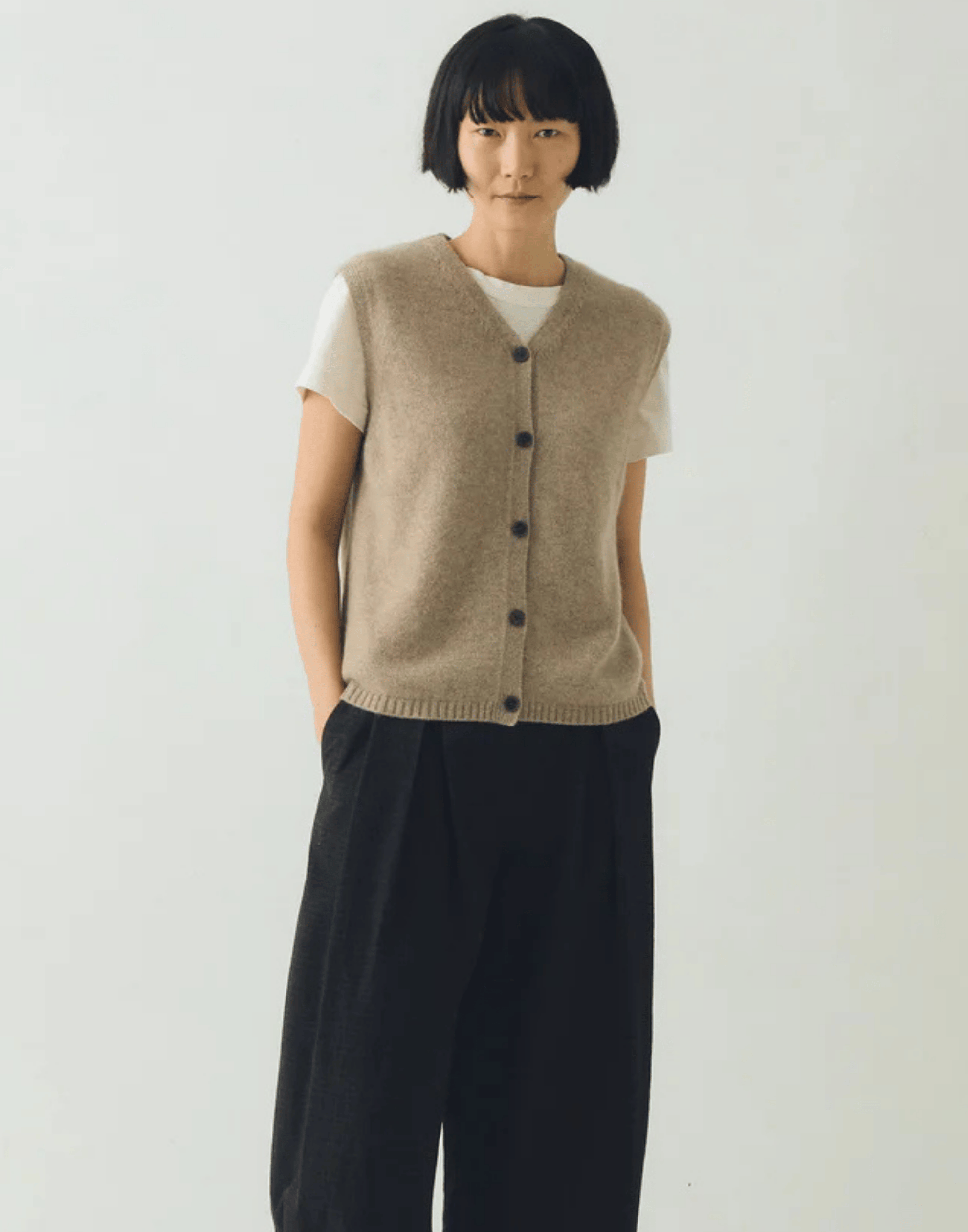 Stone Melange Cashmere & Wool V Neck Vest