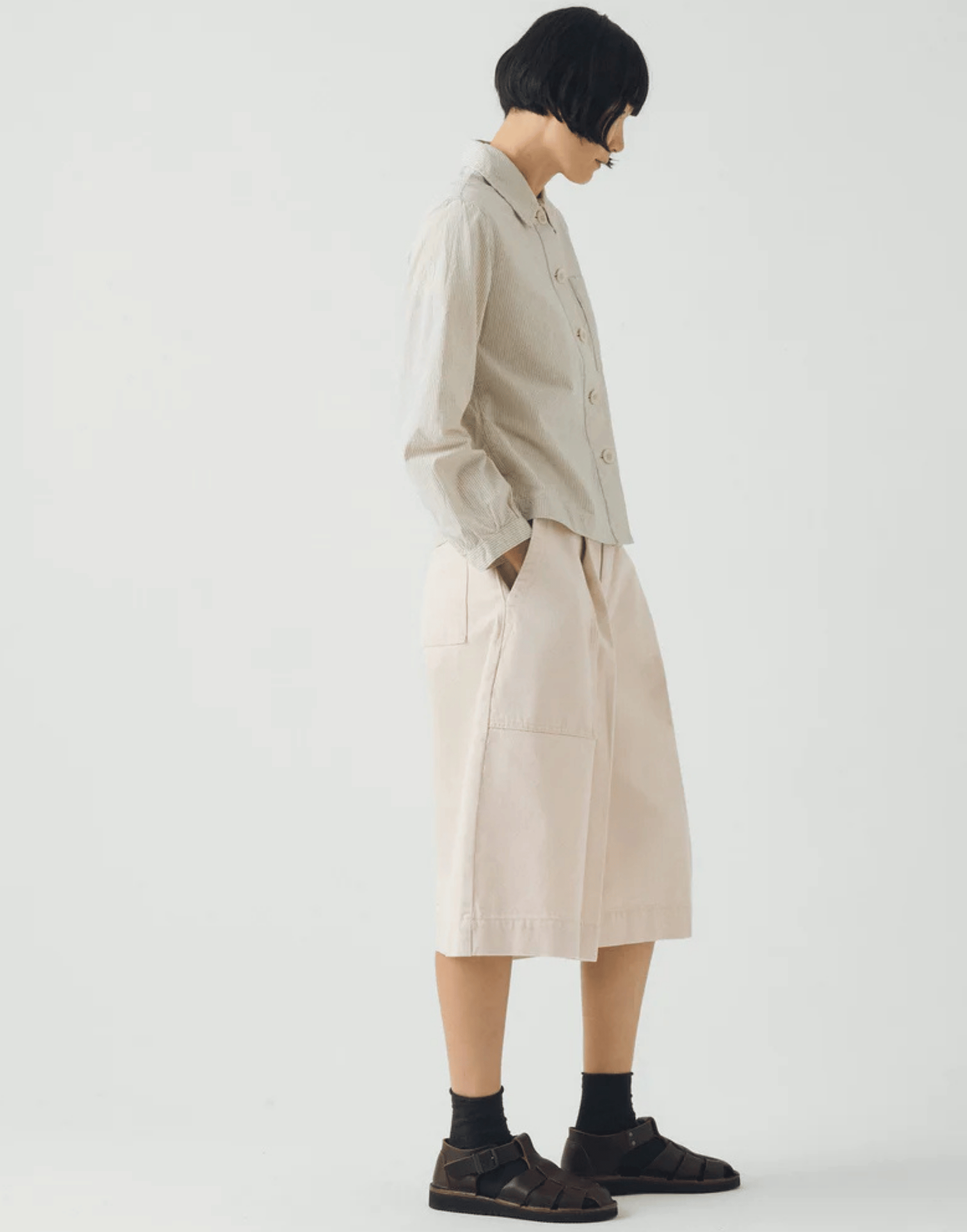 Ecru Cotton Pleated Denim Shorts