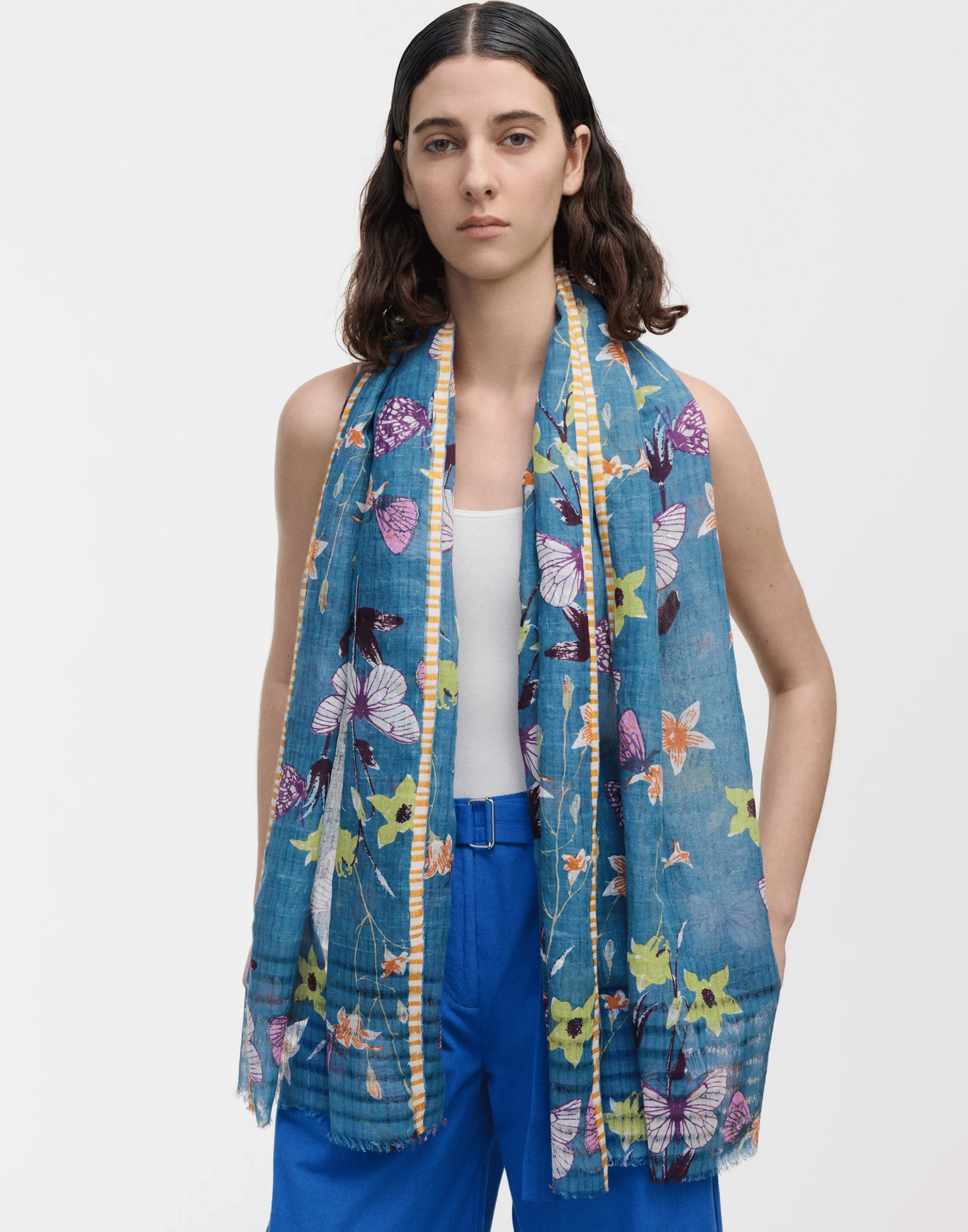 Blue Stone Butterflies Linen & Cotton Scarf