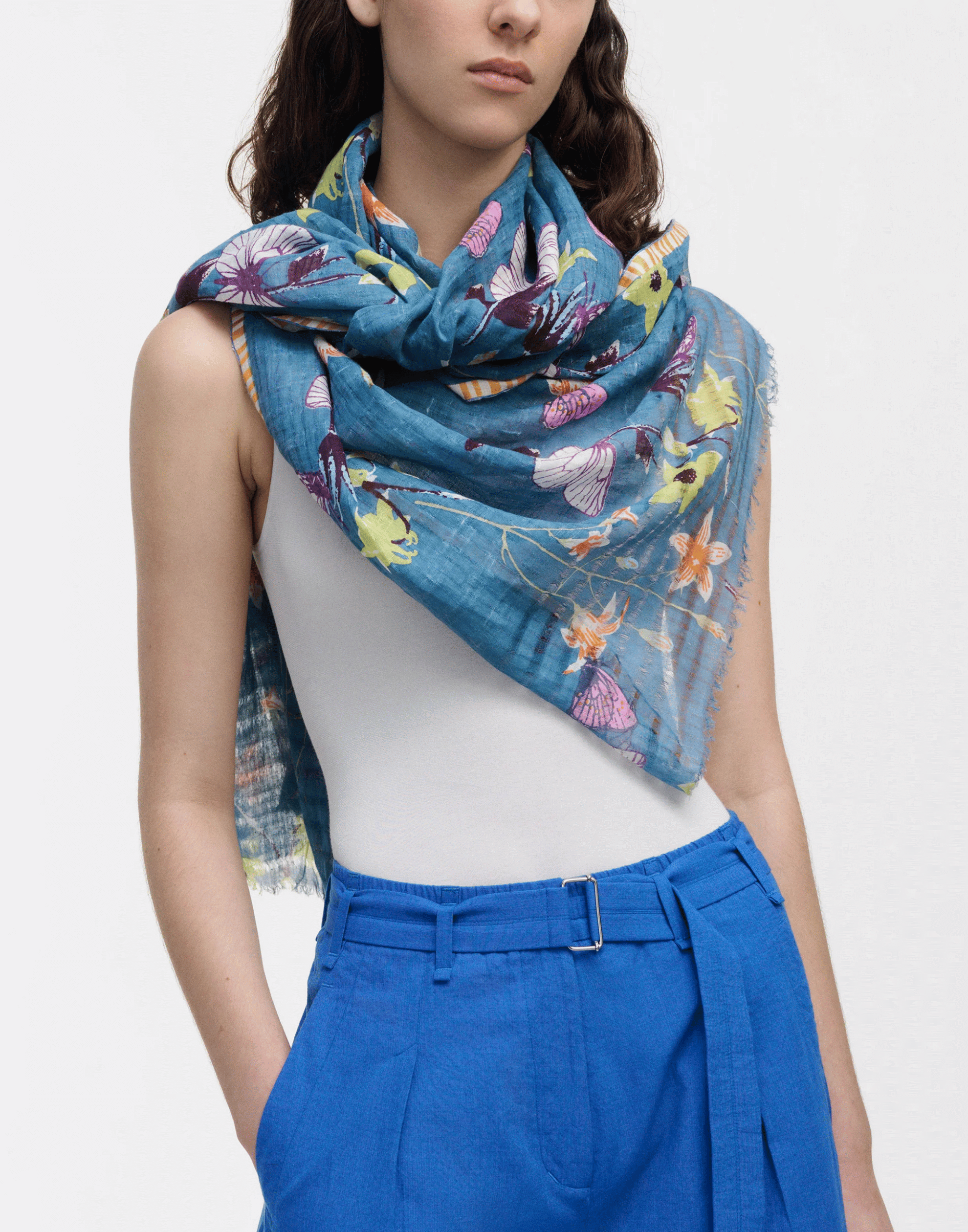 Blue Stone Butterflies Linen & Cotton Scarf