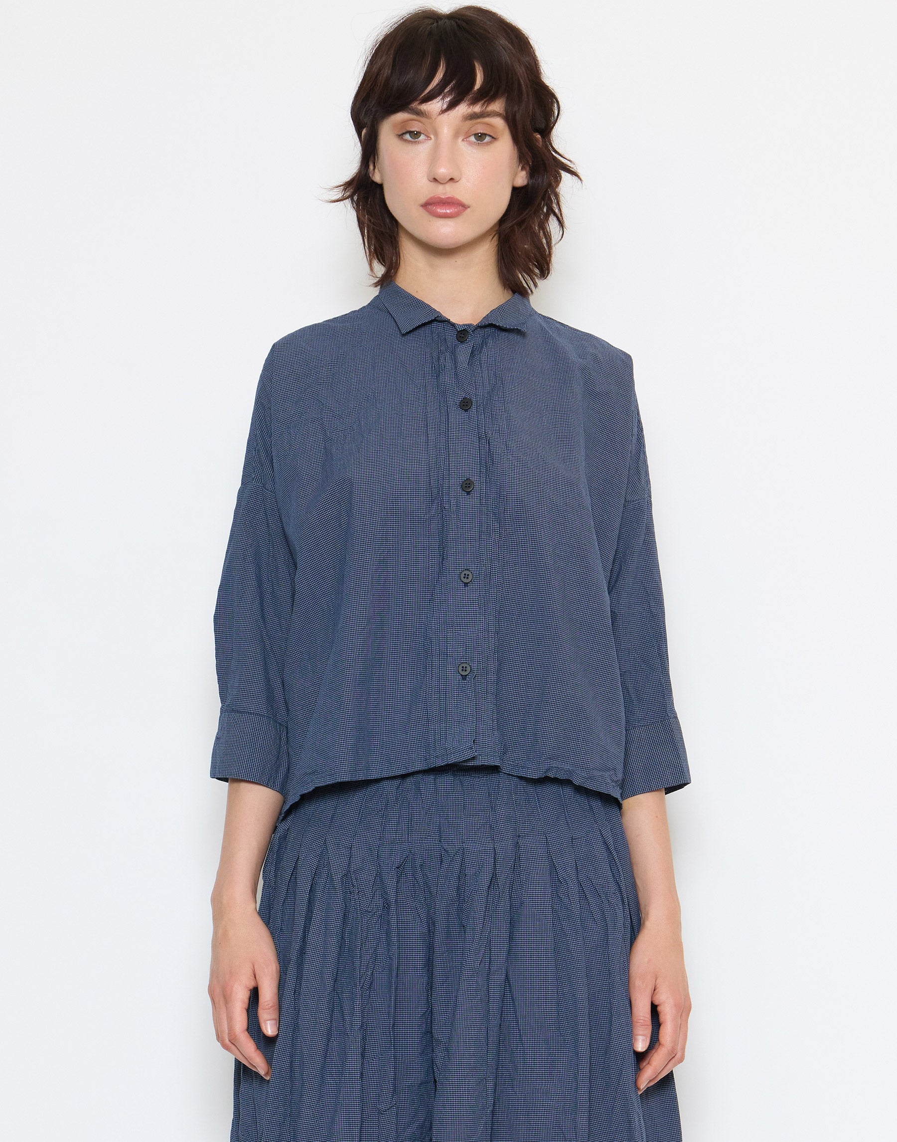 Navy Micro Check Cotton Claudia Shirt