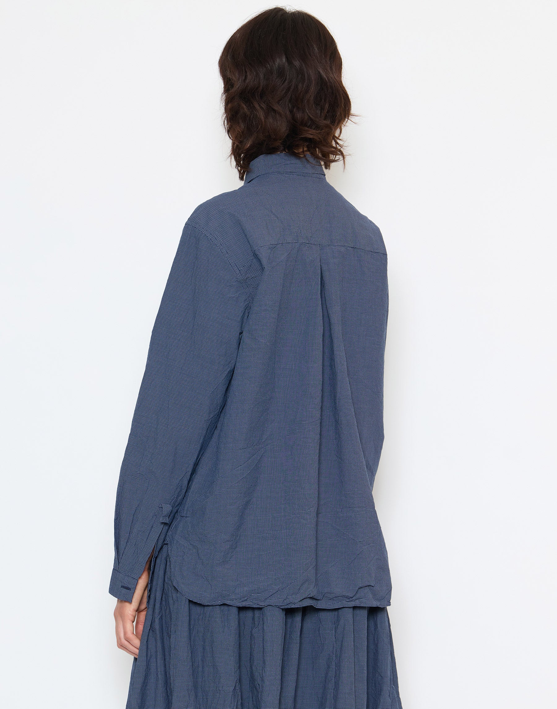 Navy Micro Check Cotton Loose Tyrol Shirt