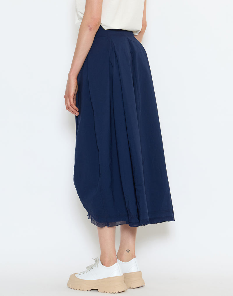 Navy Cotton Blend Stretch Midi Skirt