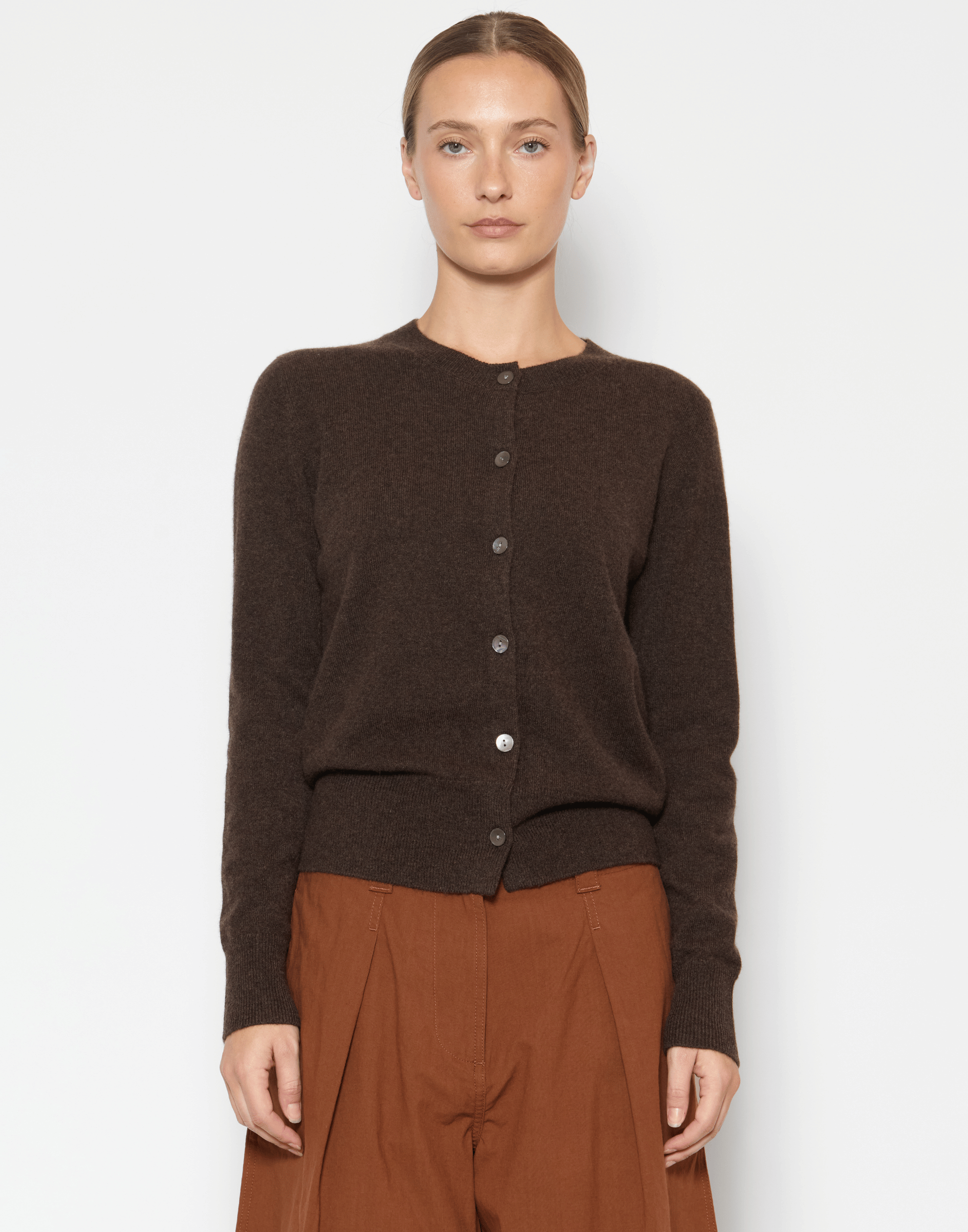 Chocolate Cashmere Crew Neck Cardigan