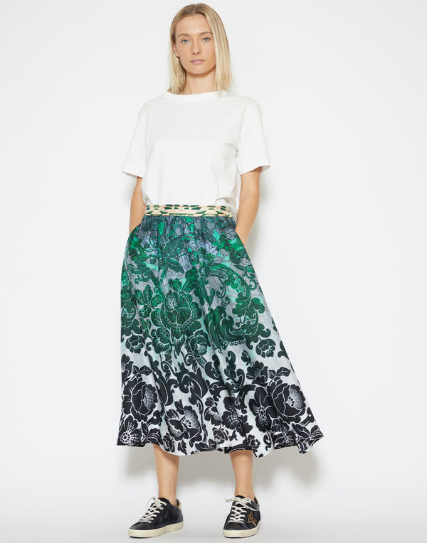 Green Floral Printed Silk Skirt