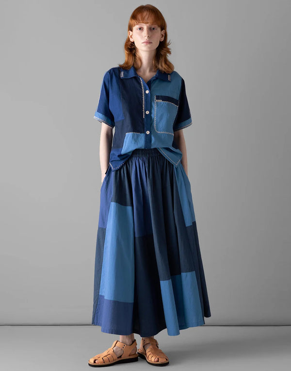 Blue Cotton Patchwork Midi Skirt