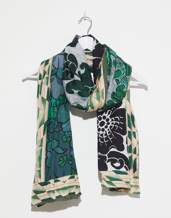Green Floral Print Silk & Cotton Doppiata Scarf