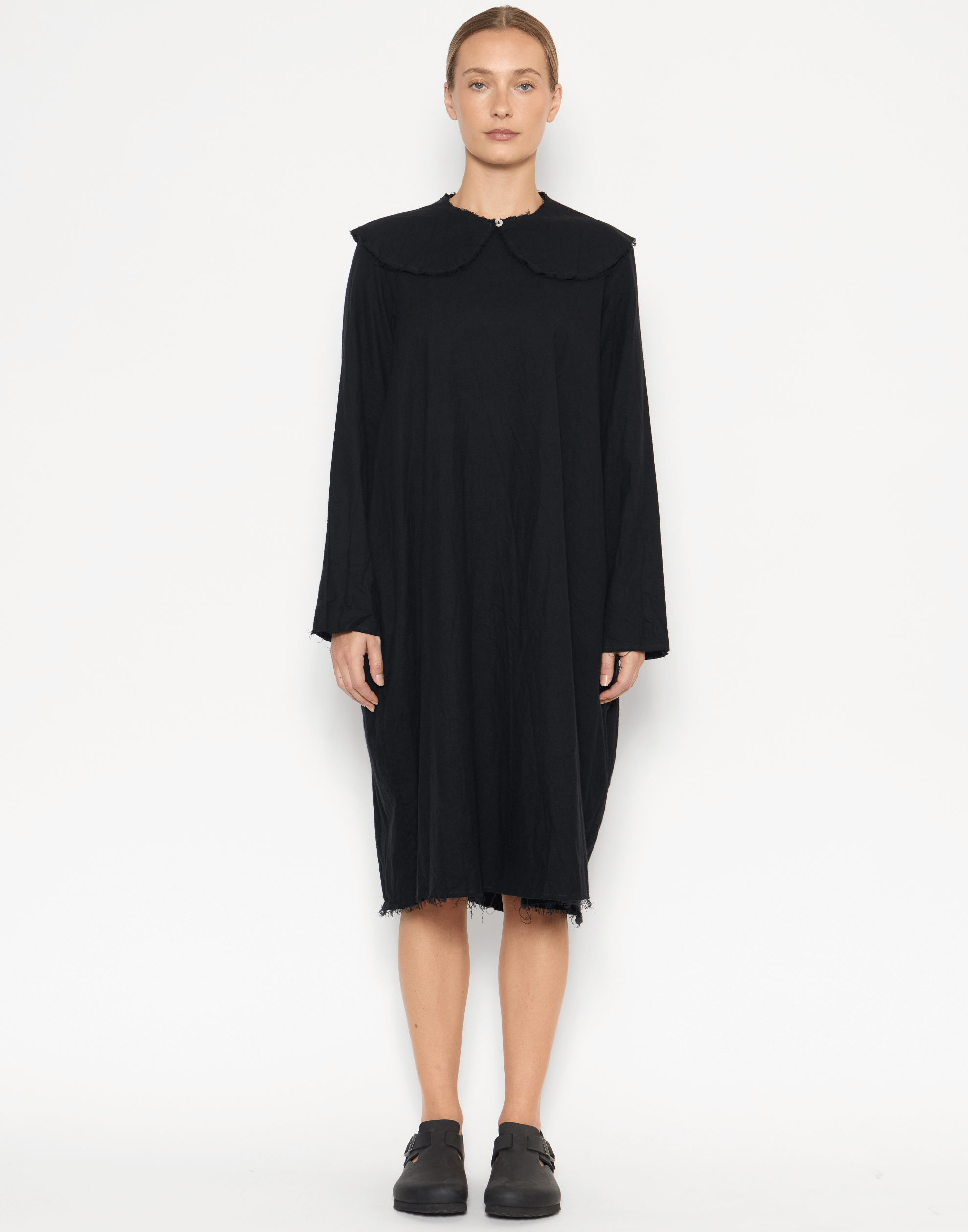 Black Cotton Flannel Long Sleeve Dress