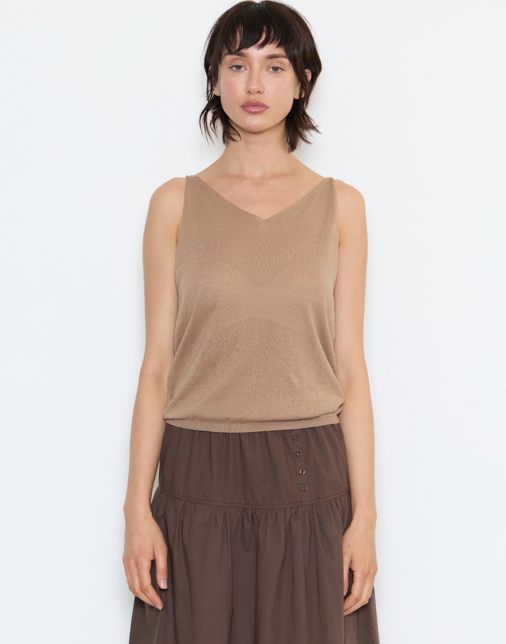 Light Brown Cotton Rolled Knit Top