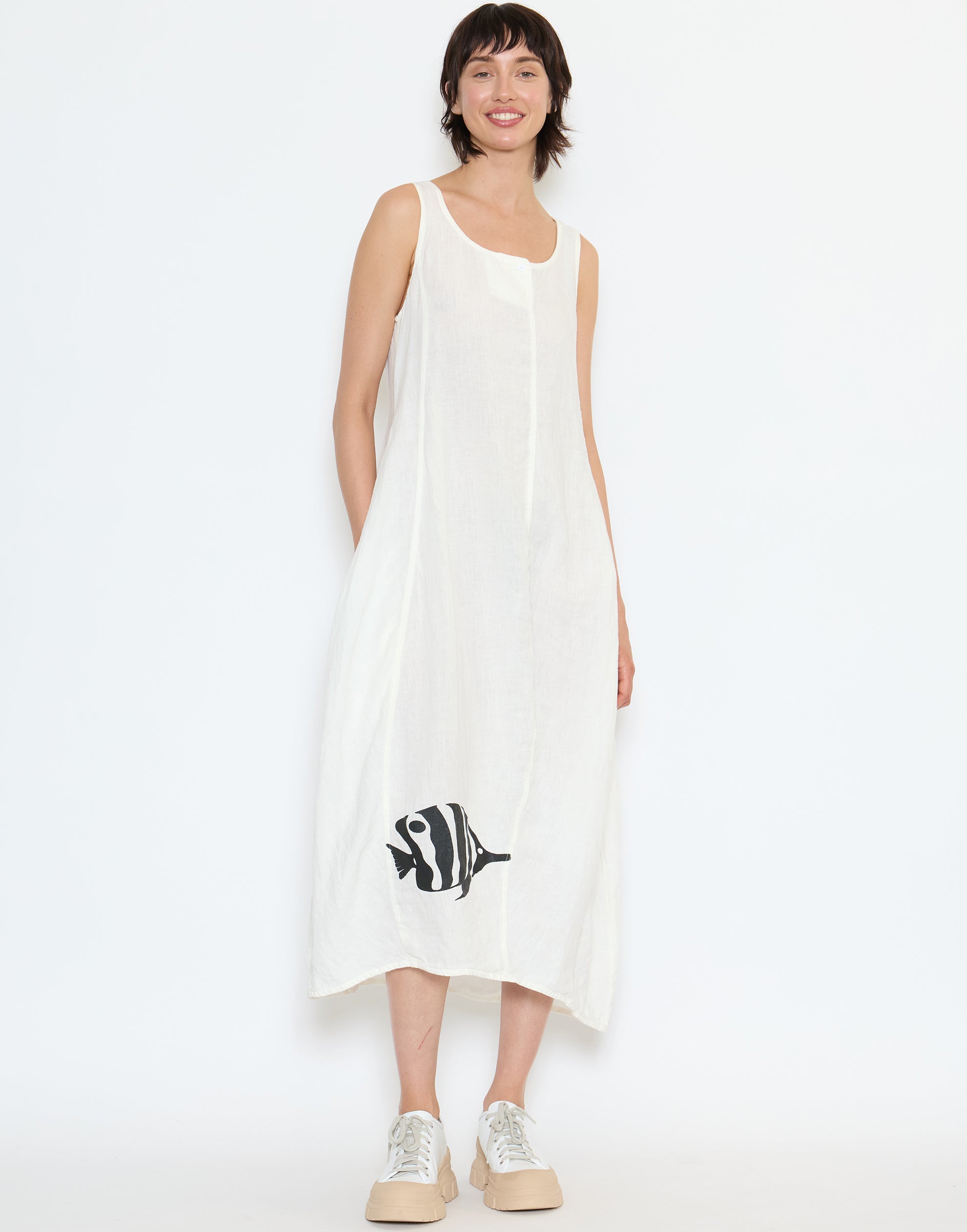 Off White Linen Sleeveless Dress