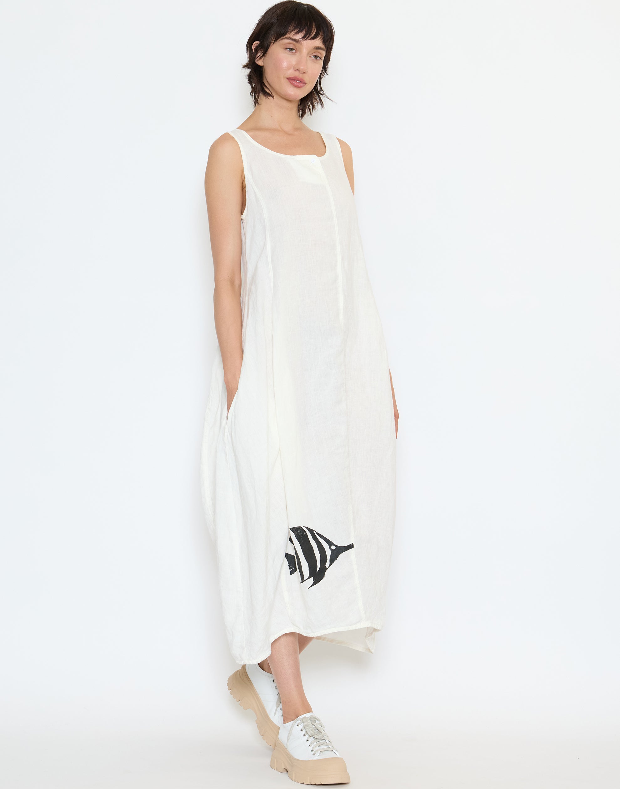 Off White Linen Sleeveless Dress