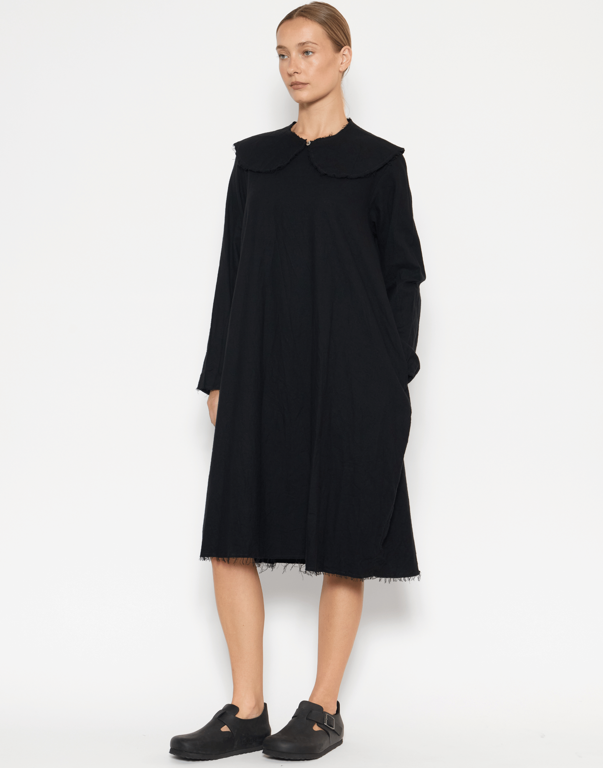 Black Cotton Flannel Long Sleeve Dress