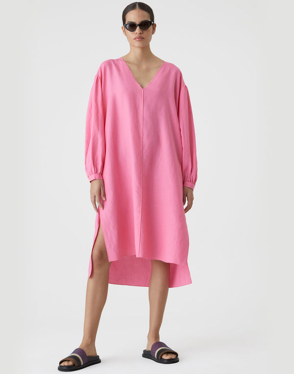 Pink Linen Blend Puff Sleeve V Dress  